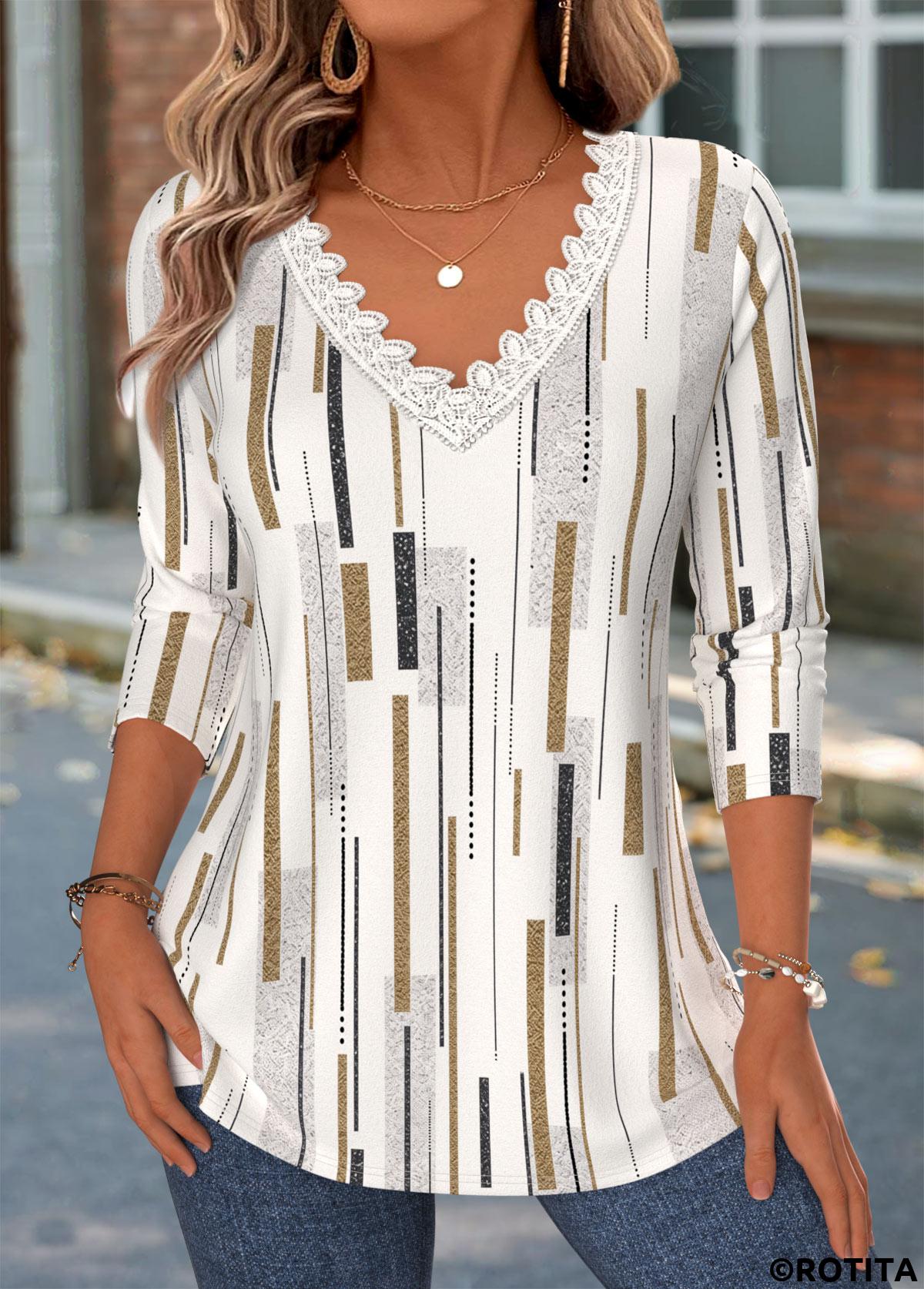 Light Camel tops,Geometric tops,ROTITA Patchwork Geometric Print Light Camel V Neck T Shirt