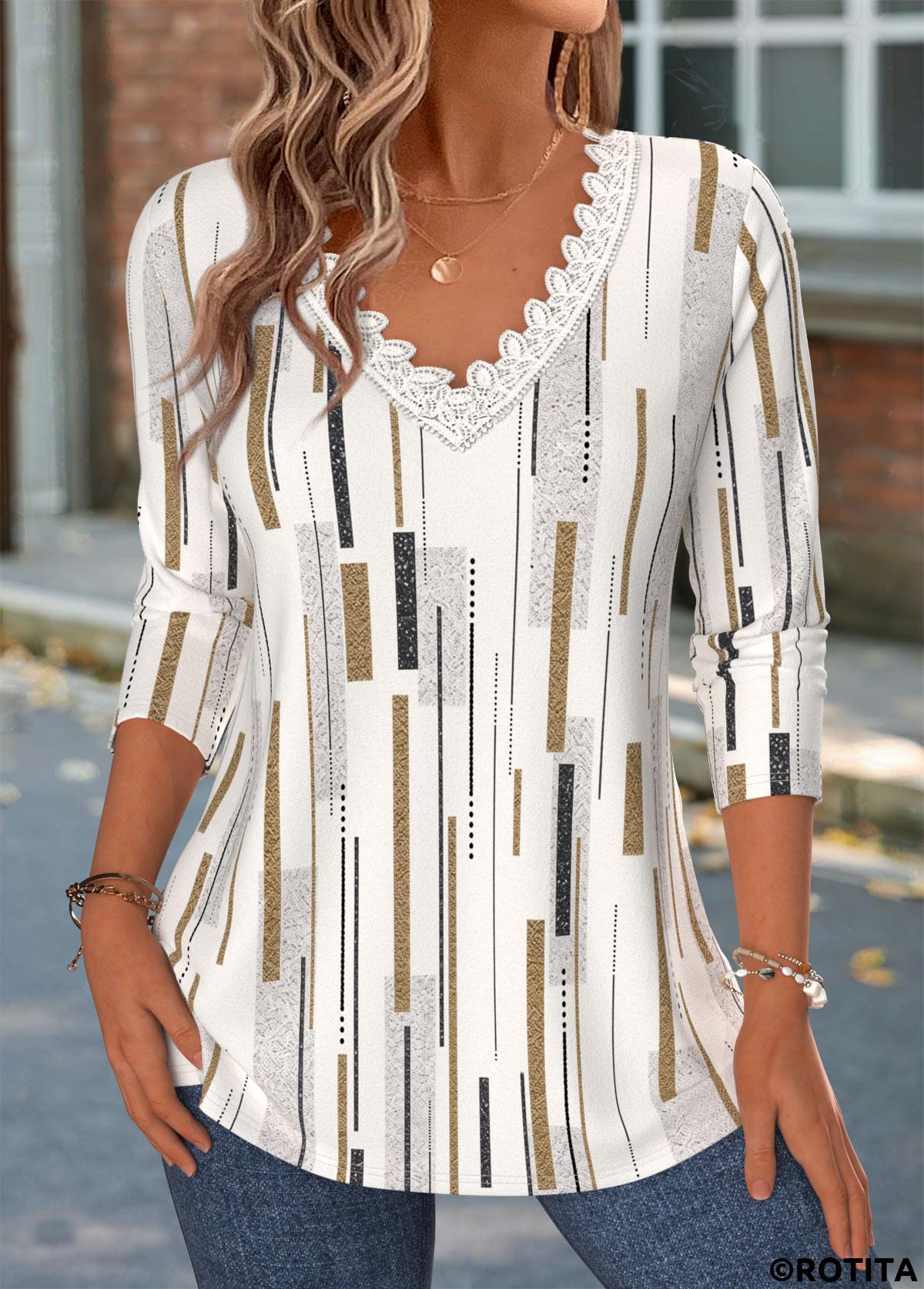 Light Camel tops,Geometric tops,ROTITA Patchwork Geometric Print Light Camel V Neck T Shirt