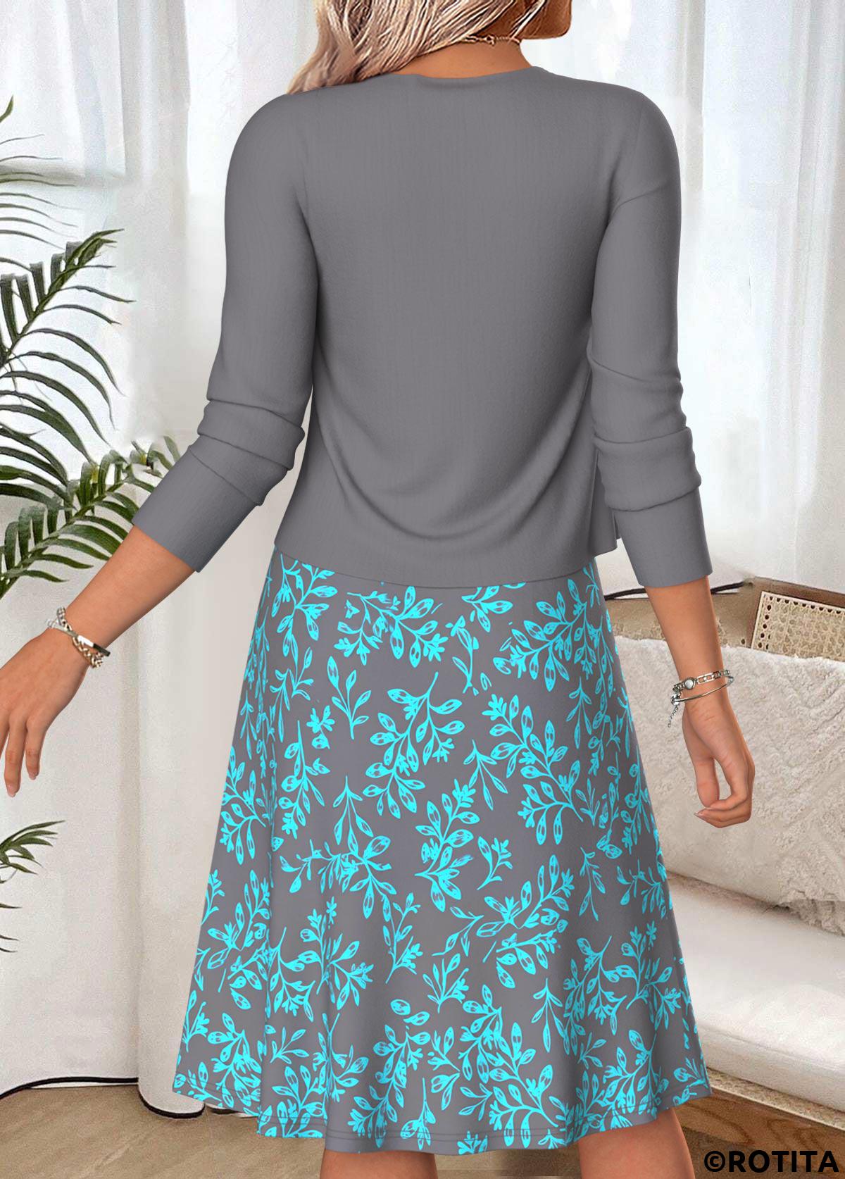 Light Grey dresses,Plants dresses,Everyday dresses,Casual dresses,ROTITA Light Grey Leaf Print Two-piece Dress and Cardigan