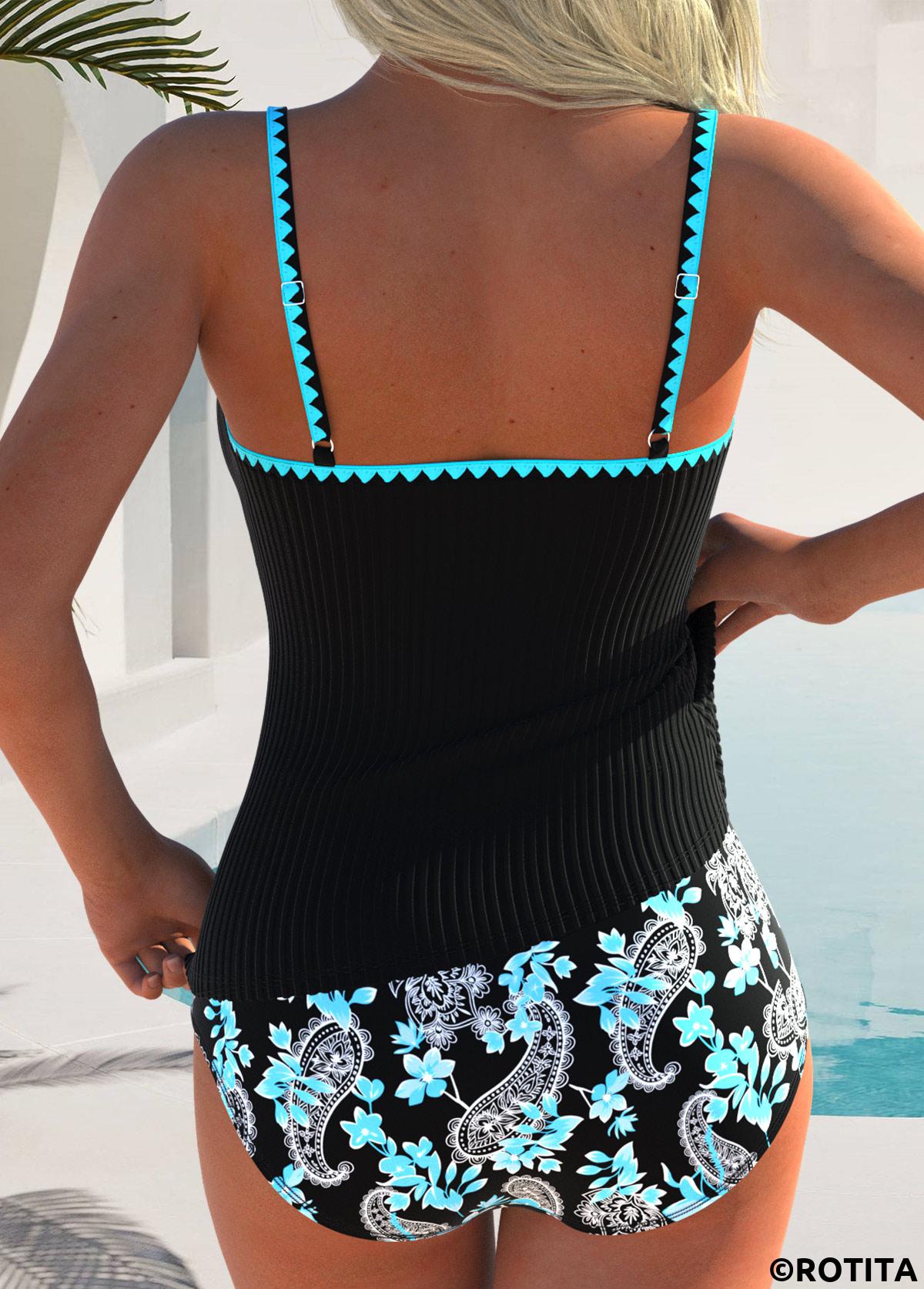 Black swimwear,Paisley swimwear,ROTITA Black Wrap Paisley Print Mid Waisted Tankini Set