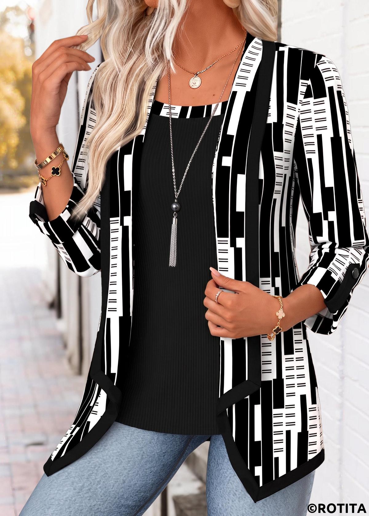 Black tops,Geometric tops,ROTITA Geometric Print Black Square Neck Fake Two Piece Twinset