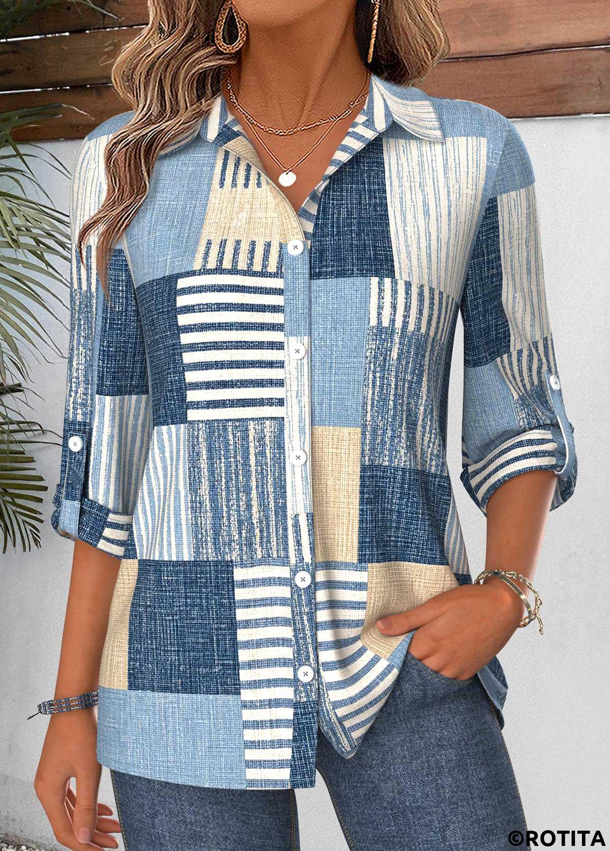 Denim Blue tops,Geometric tops,ROTITA Tummy Coverage Geometric Print Denim Blue 3/4 Sleeve Shirt