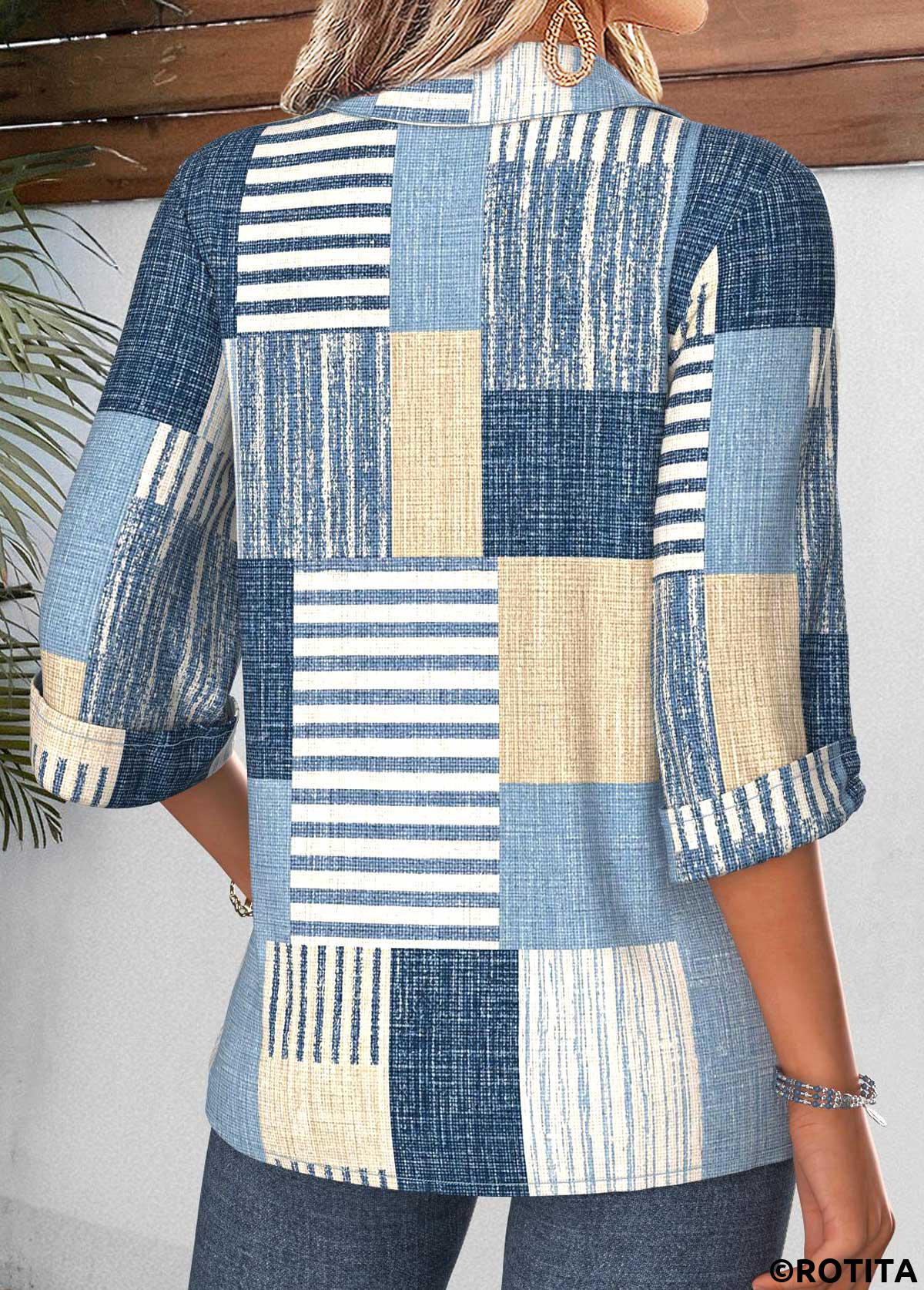 Denim Blue tops,Geometric tops,ROTITA Tummy Coverage Geometric Print Denim Blue 3/4 Sleeve Shirt