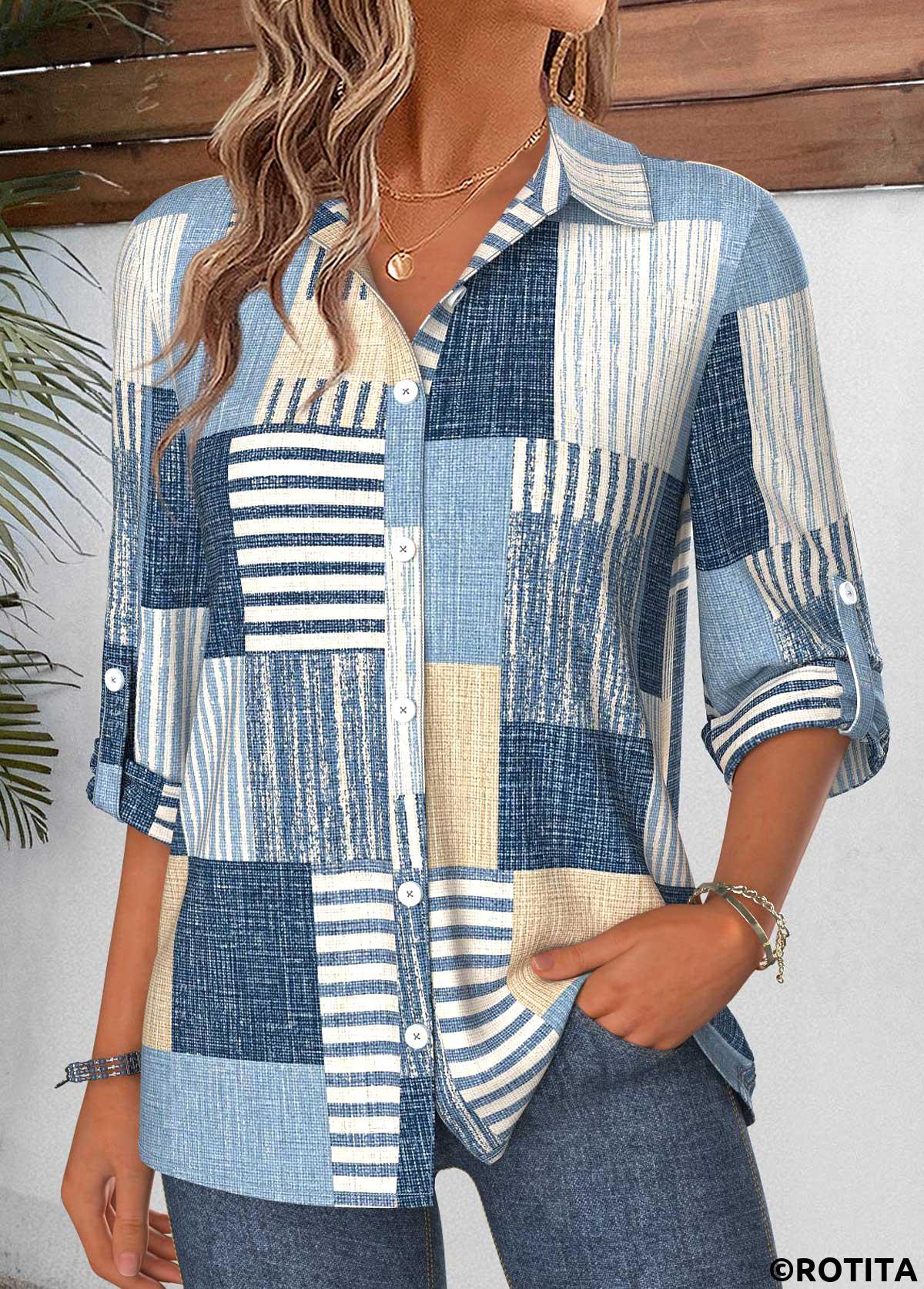 Denim Blue tops,Geometric tops,ROTITA Tummy Coverage Geometric Print Denim Blue 3/4 Sleeve Shirt