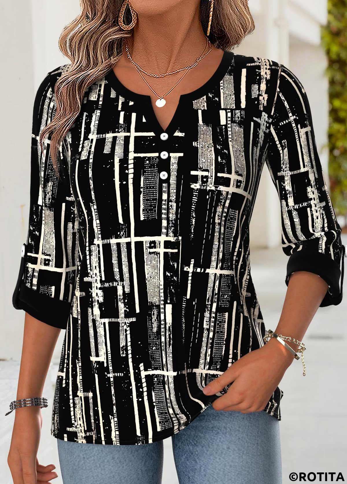 Black tops,Geometric tops,ROTITA Curved Hem Geometric Print Black Split Neck Blouse