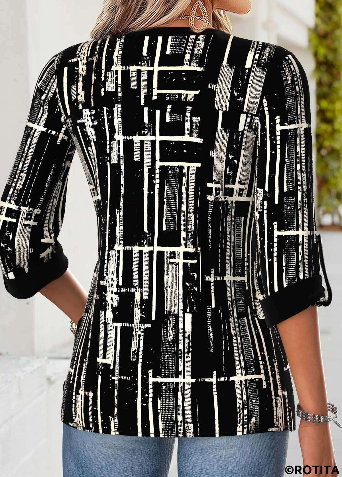 Black tops,Geometric tops,ROTITA Curved Hem Geometric Print Black Split Neck Blouse