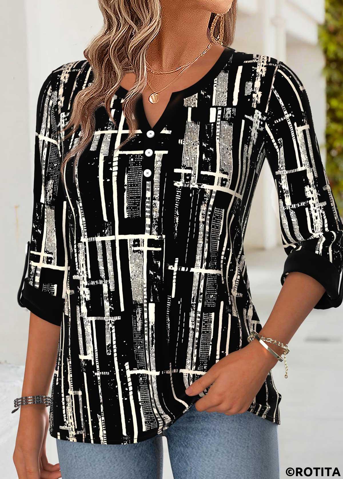 Black tops,Geometric tops,ROTITA Curved Hem Geometric Print Black Split Neck Blouse