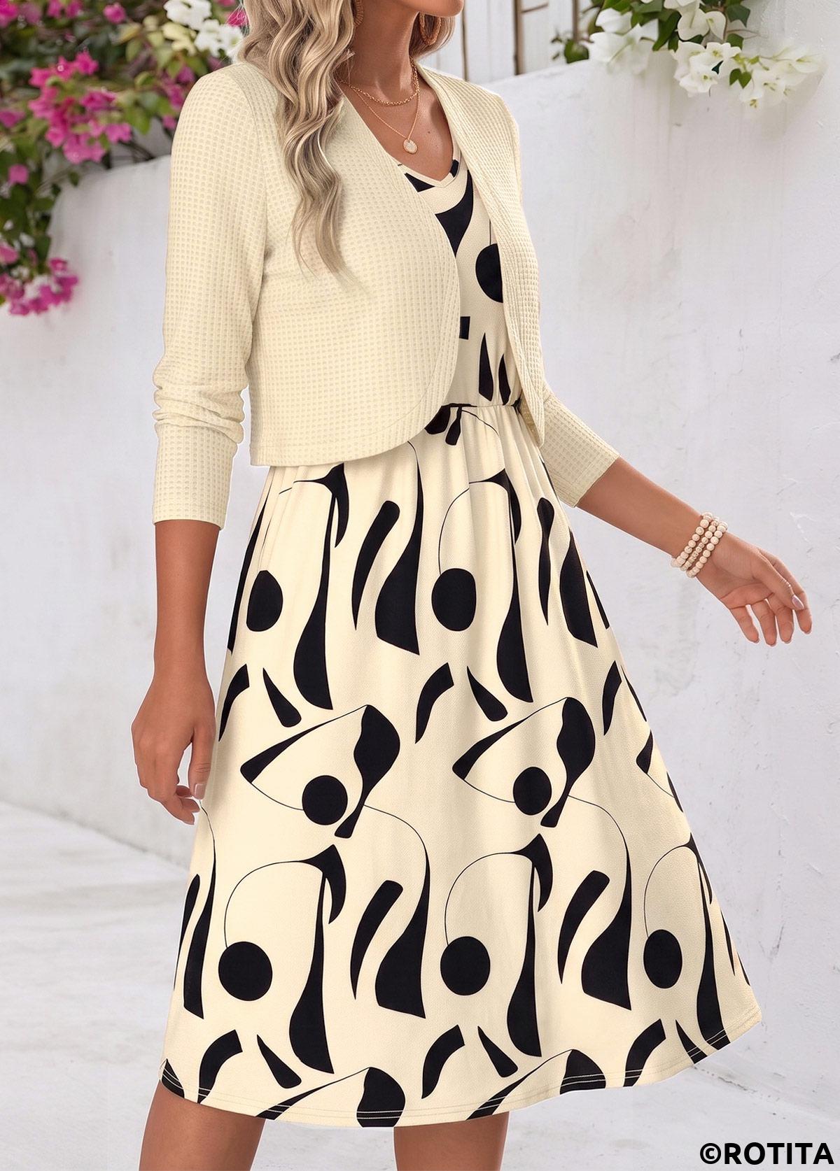Beige dresses,Geometric dresses,Everyday dresses,Casual dresses,ROTITA Beige Geometric Print Tummy Coverage Dress and Cardigan