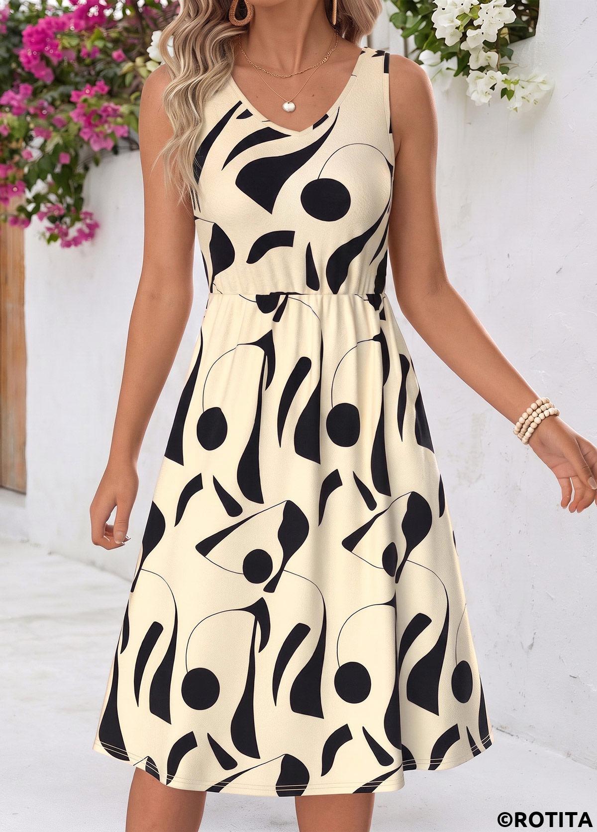 Beige dresses,Geometric dresses,Everyday dresses,Casual dresses,ROTITA Beige Geometric Print Tummy Coverage Dress and Cardigan