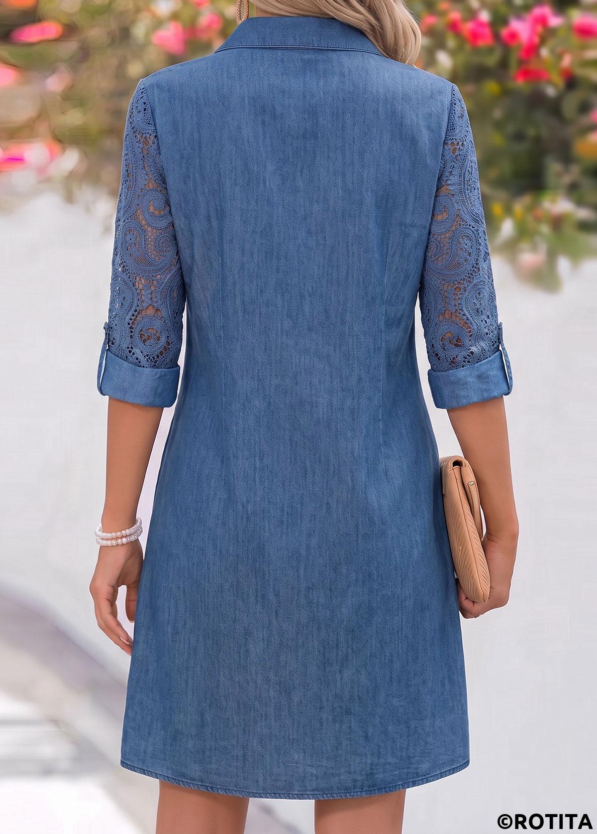 Denim Blue dresses,Plain Color dresses,Everyday dresses,Casual dresses,ROTITA Denim Blue Patchwork Short Shirt Collar Long Sleeve Dress