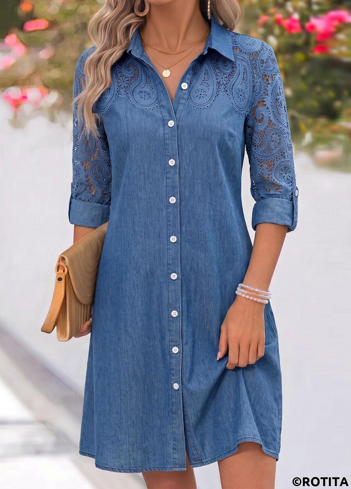 Denim Blue dresses,Plain Color dresses,Everyday dresses,Casual dresses,ROTITA Denim Blue Patchwork Short Shirt Collar Long Sleeve Dress