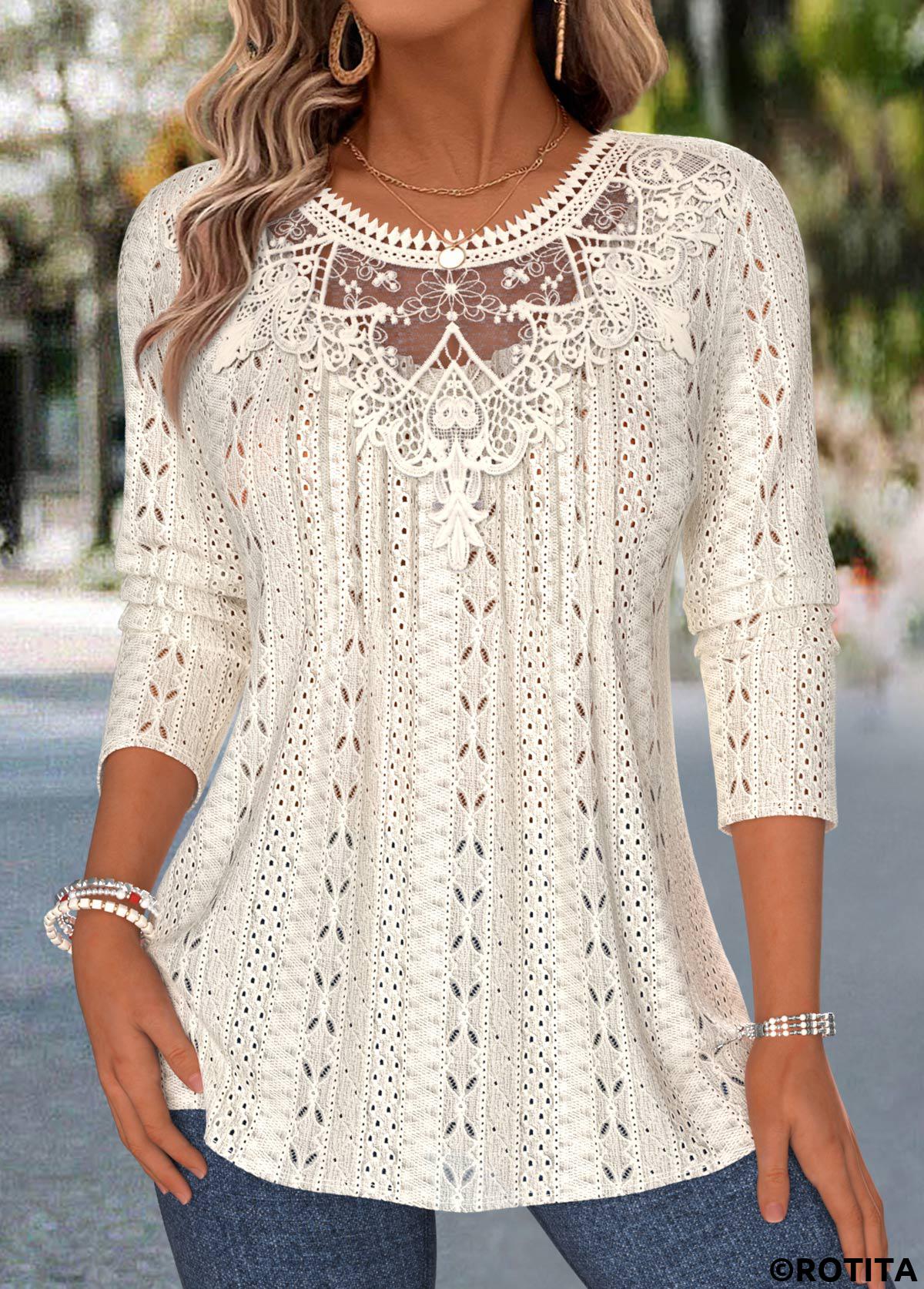 Beige tops,Plain Color tops,ROTITA Patchwork Beige Round Neck Long Sleeve T Shirt