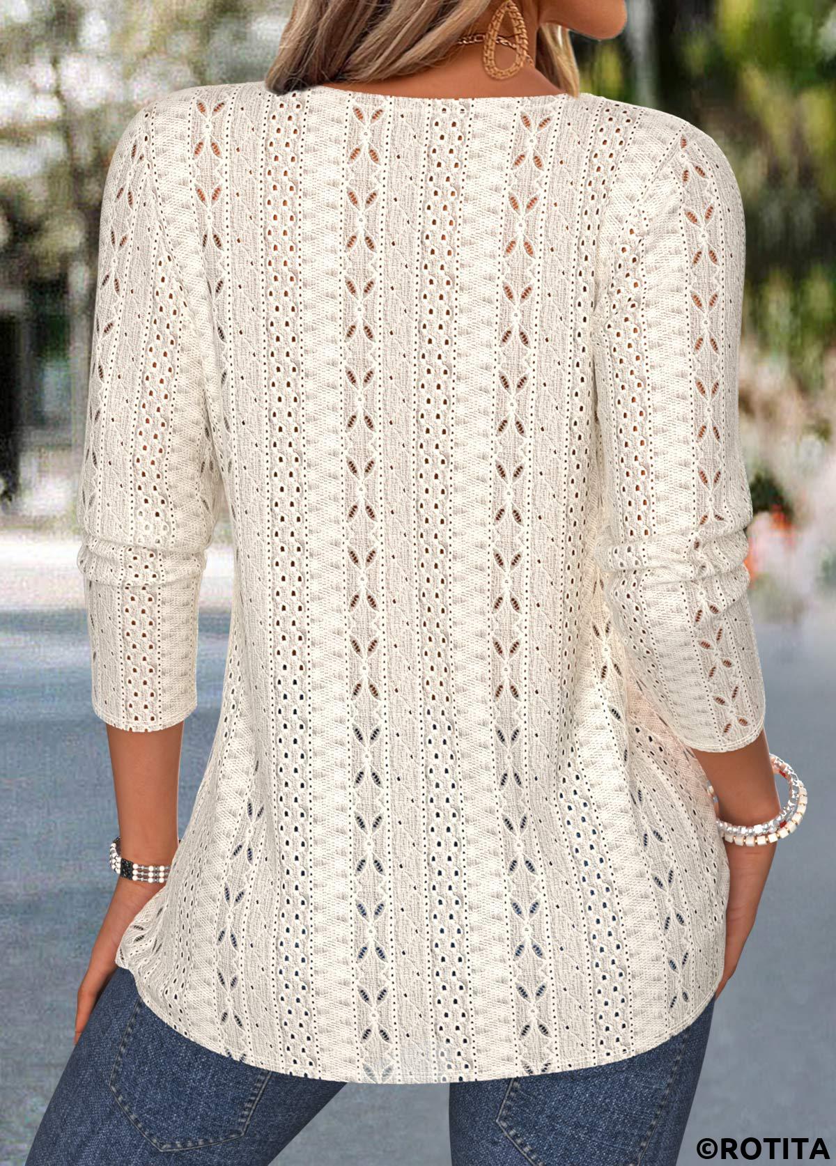 Beige tops,Plain Color tops,ROTITA Patchwork Beige Round Neck Long Sleeve T Shirt