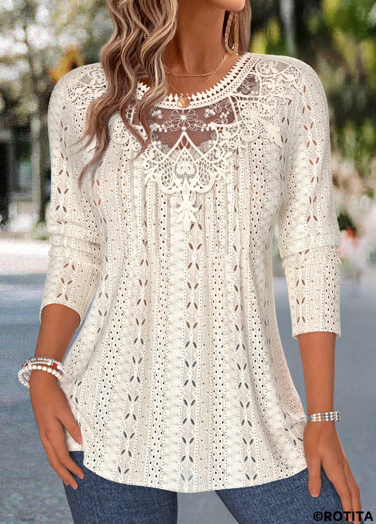 Beige tops,Plain Color tops,ROTITA Patchwork Beige Round Neck Long Sleeve T Shirt
