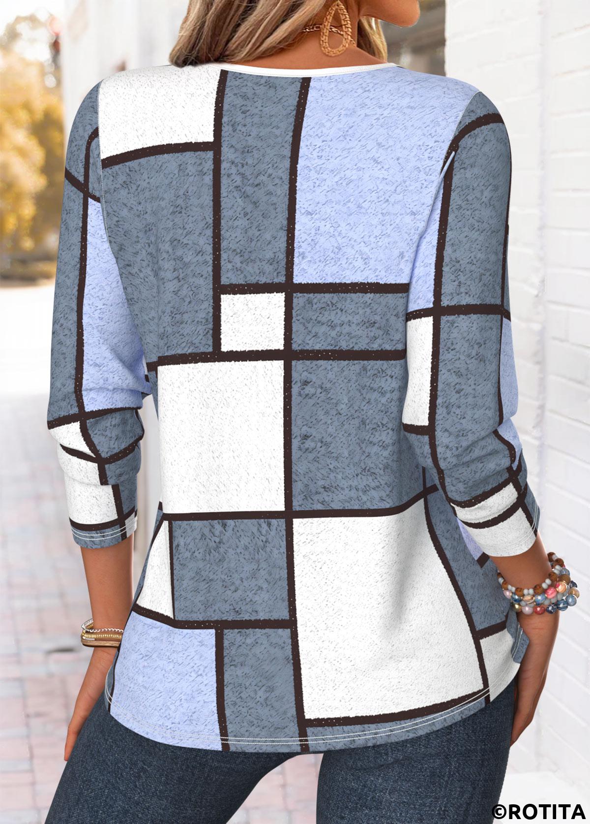 Multi Color tops,Geometric tops,ROTITA Curved Hem Geometric Print Multi Color T Shirt
