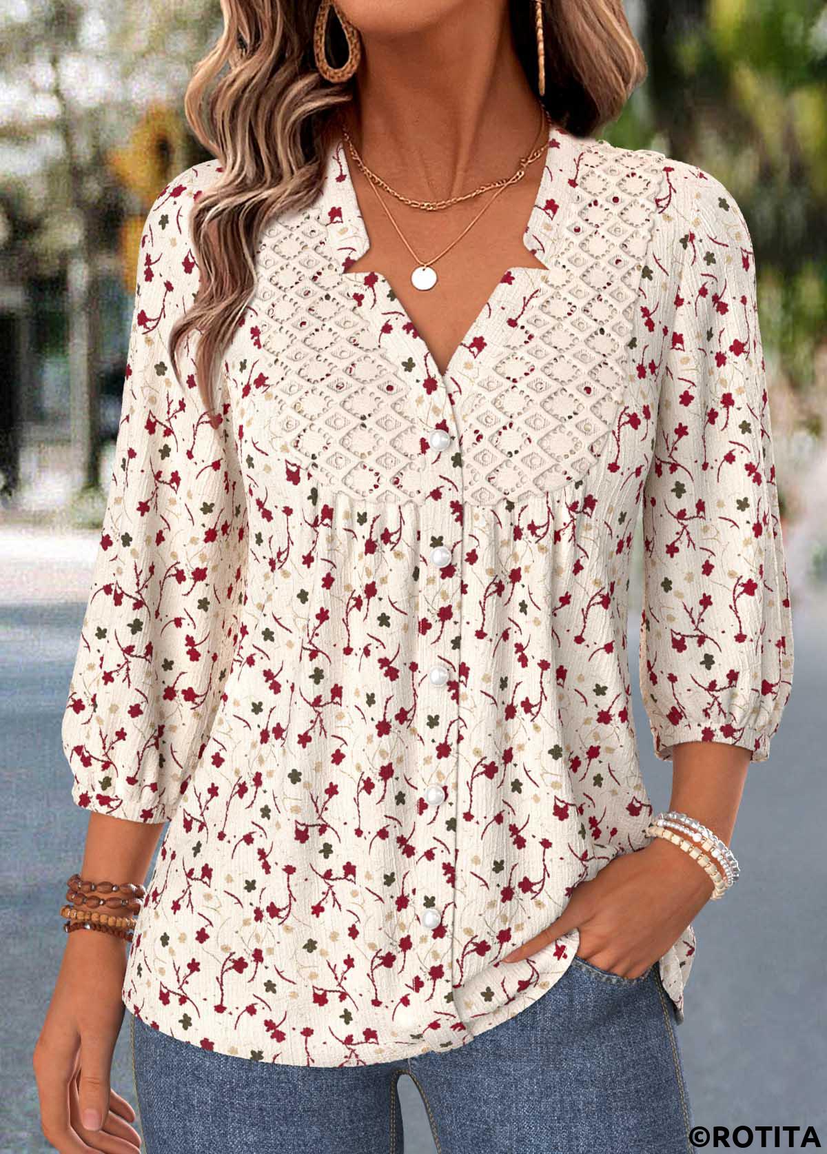 Beige tops,Ditsy Floral tops,ROTITA Shirred Ditsy Floral Print Beige V Neck Blouse