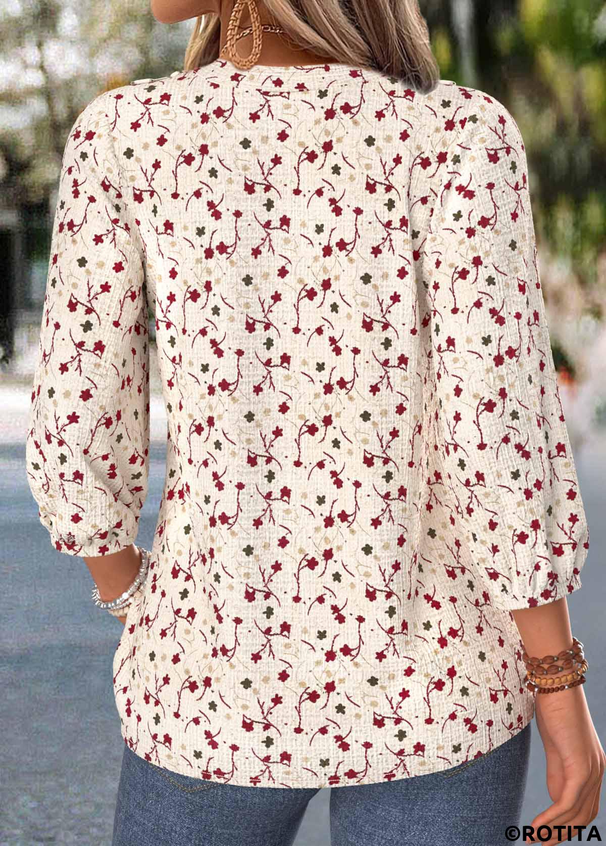 Beige tops,Ditsy Floral tops,ROTITA Shirred Ditsy Floral Print Beige V Neck Blouse