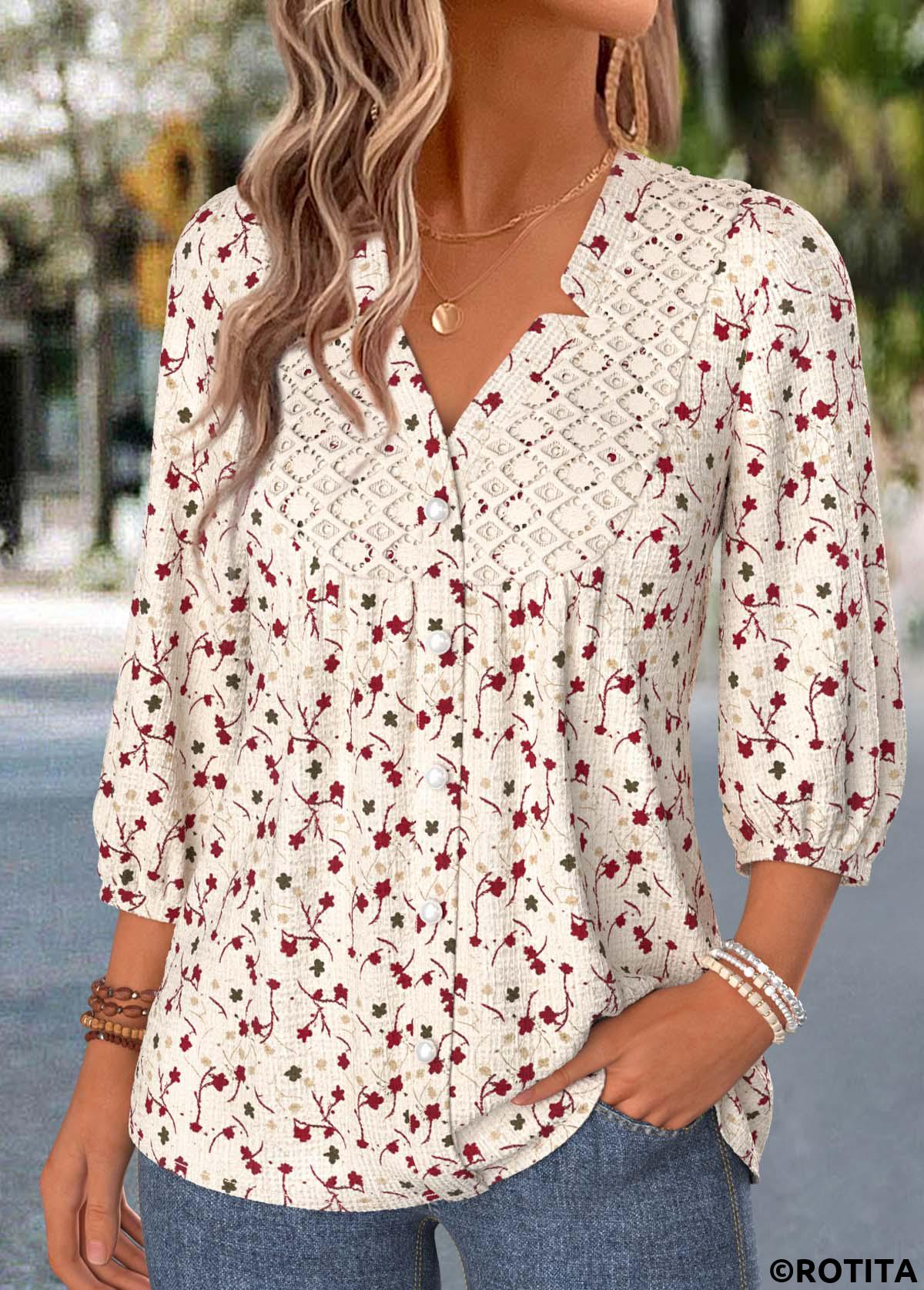 Beige tops,Ditsy Floral tops,ROTITA Shirred Ditsy Floral Print Beige V Neck Blouse
