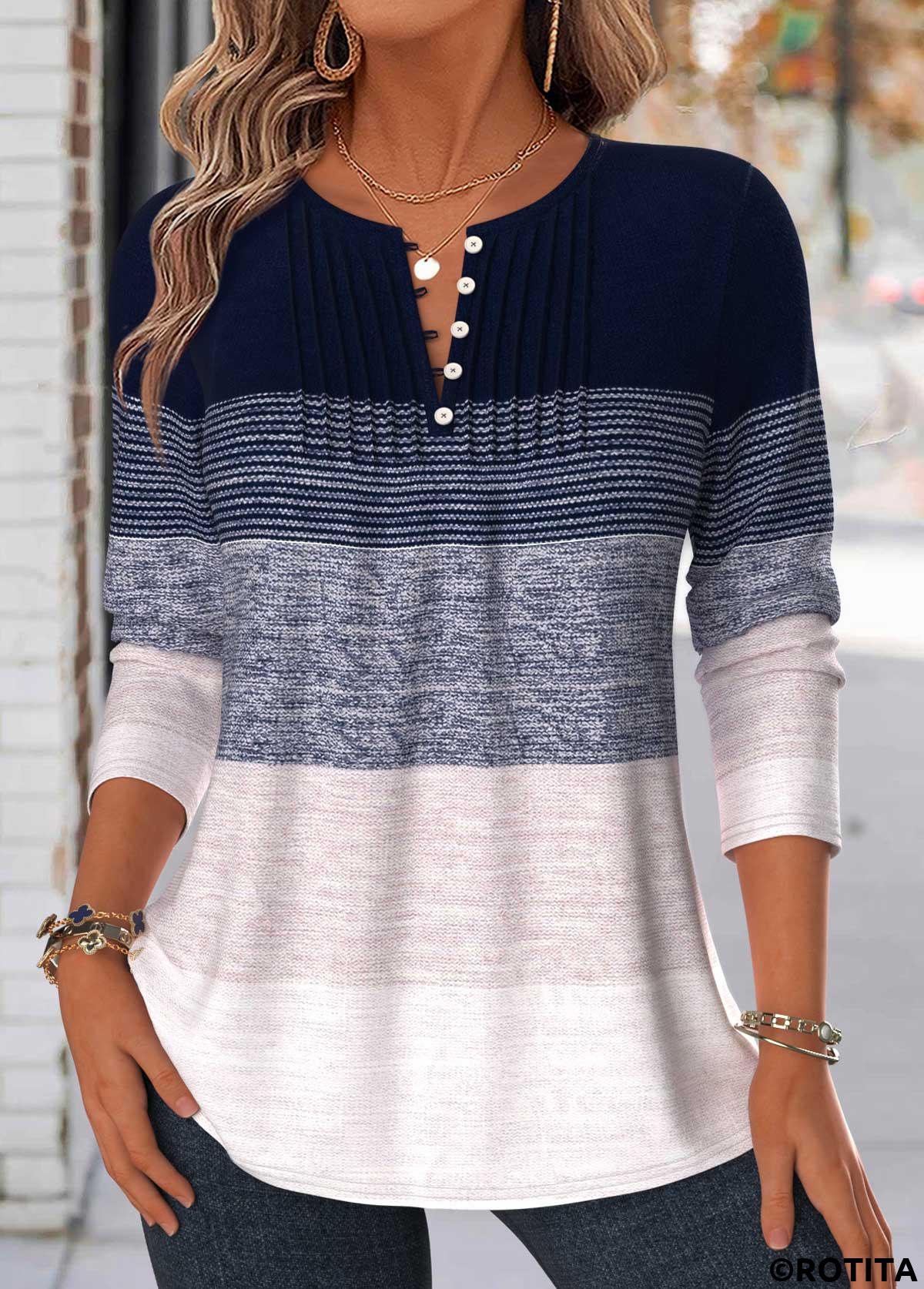 Navy tops,Striped tops,Geometric tops,ROTITA Tuck Stitch Striped Navy Split Neck T Shirt