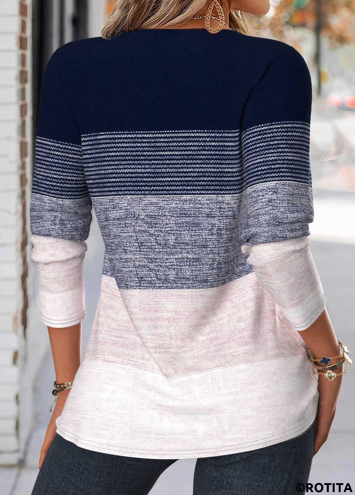 Navy tops,Striped tops,Geometric tops,ROTITA Tuck Stitch Striped Navy Split Neck T Shirt