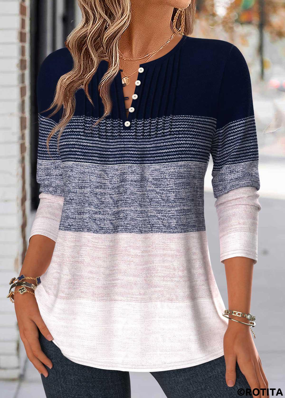 Navy tops,Striped tops,Geometric tops,ROTITA Tuck Stitch Striped Navy Split Neck T Shirt