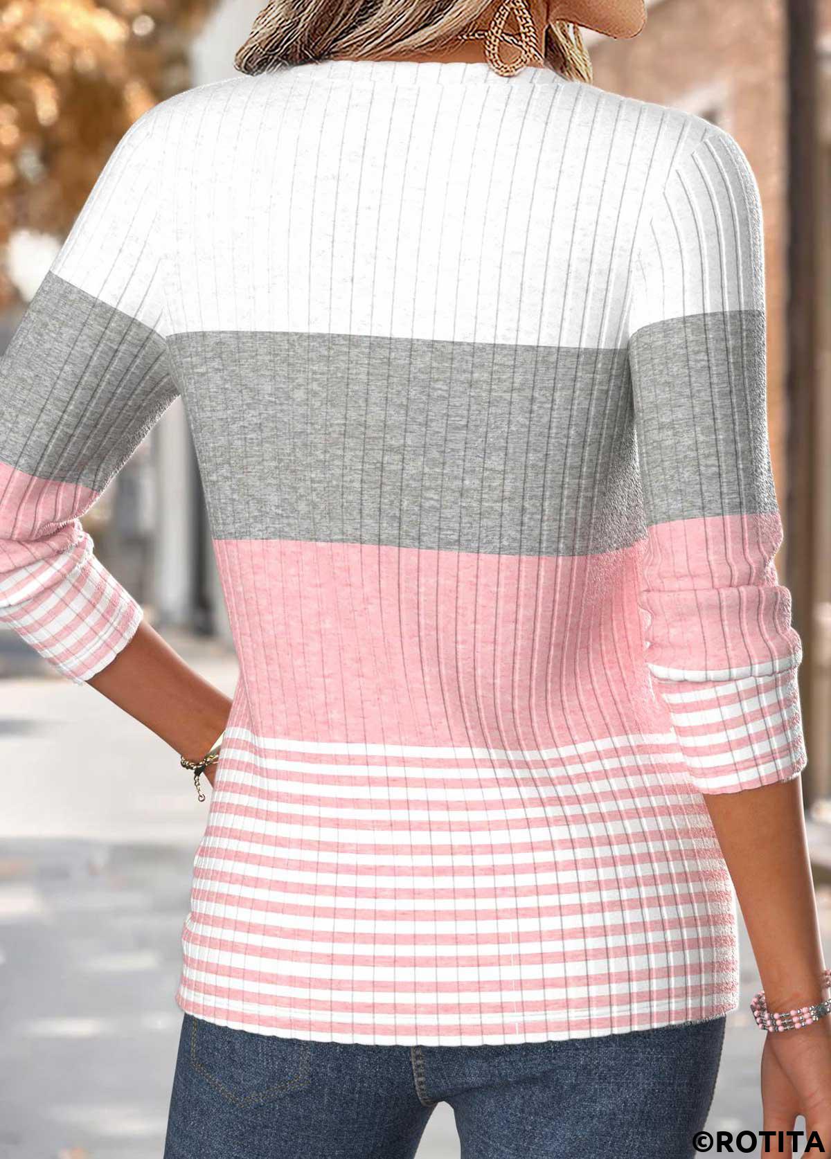 Pink tops,Striped tops,Geometric tops,ROTITA Curved Hem Striped Pink Split Neck T Shirt