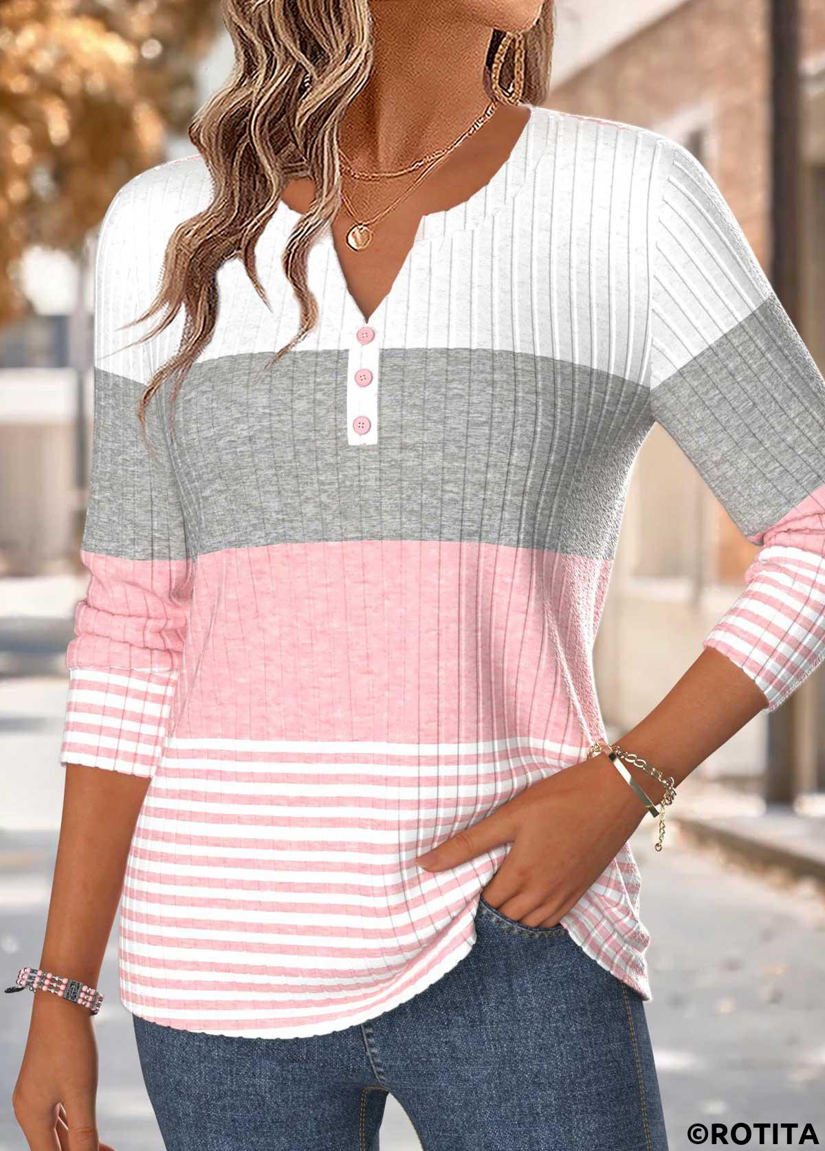 Pink tops,Striped tops,Geometric tops,ROTITA Curved Hem Striped Pink Split Neck T Shirt