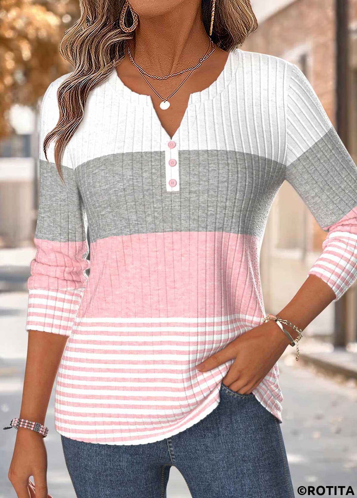 Pink tops,Striped tops,Geometric tops,ROTITA Curved Hem Striped Pink Split Neck T Shirt