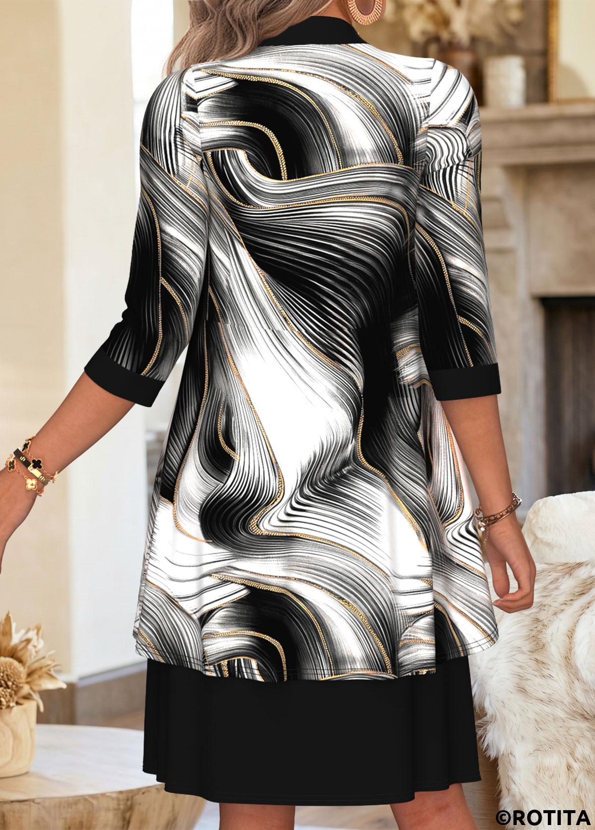 Black dresses,Dazzle Colorful dresses,Everyday dresses,Casual dresses,ROTITA Black Dazzle Colorful Print Two-piece Dress and Cardigan