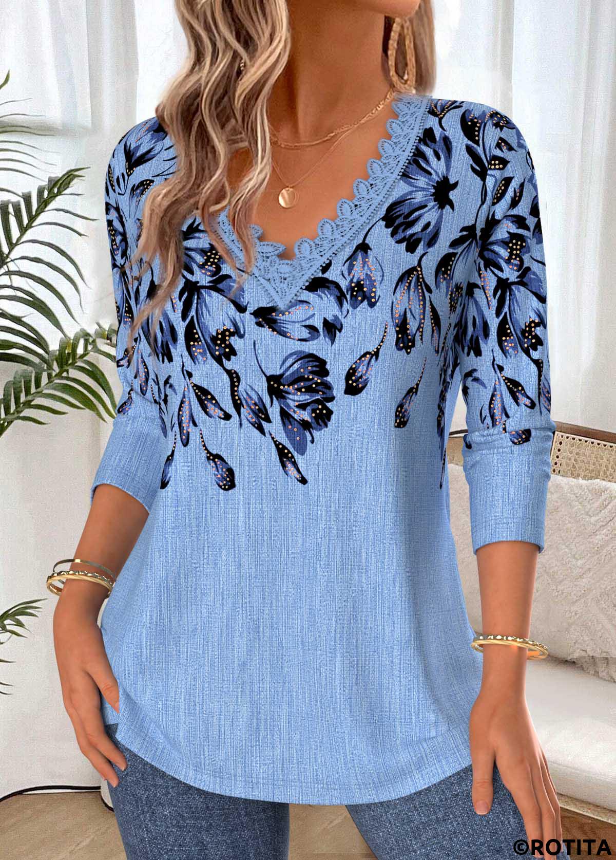 Blue tops,Floral tops,Plants tops,ROTITA Tummy Coverage Floral Print Blue V Neck T Shirt