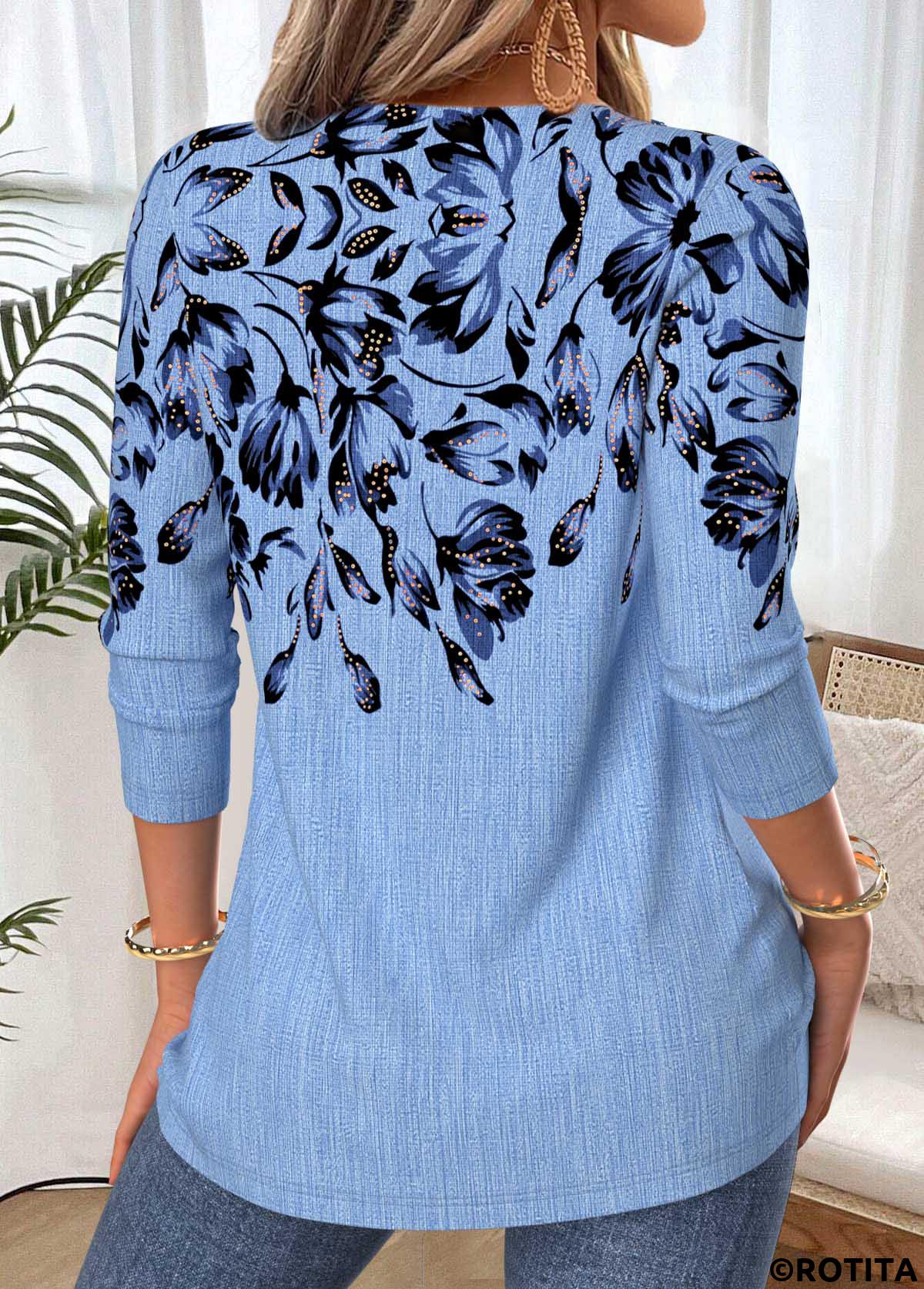 Blue tops,Floral tops,Plants tops,ROTITA Tummy Coverage Floral Print Blue V Neck T Shirt