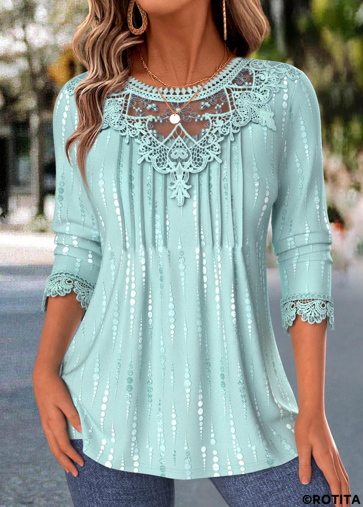 Cyan tops,Dot tops,ROTITA Tuck Stitch Polka Dot Cyan Round Neck T Shirt