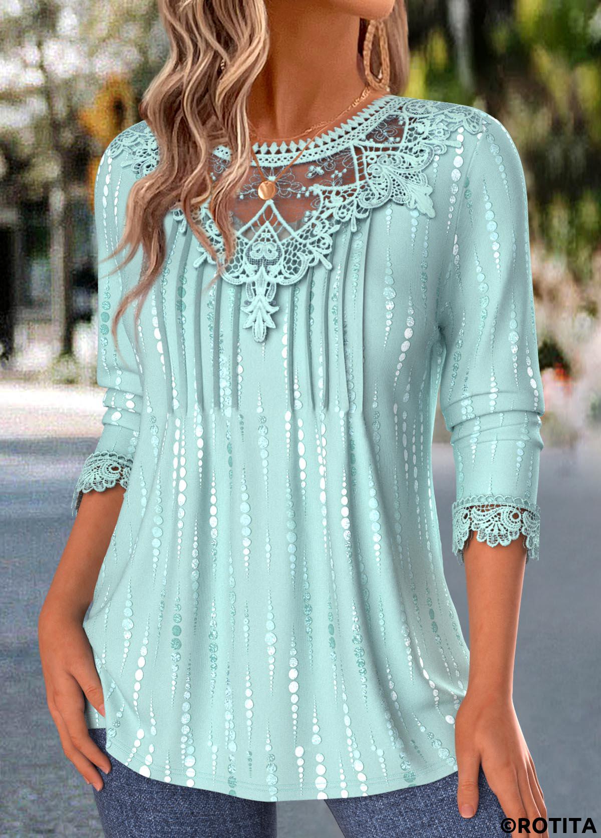 Cyan tops,Dot tops,ROTITA Tuck Stitch Polka Dot Cyan Round Neck T Shirt