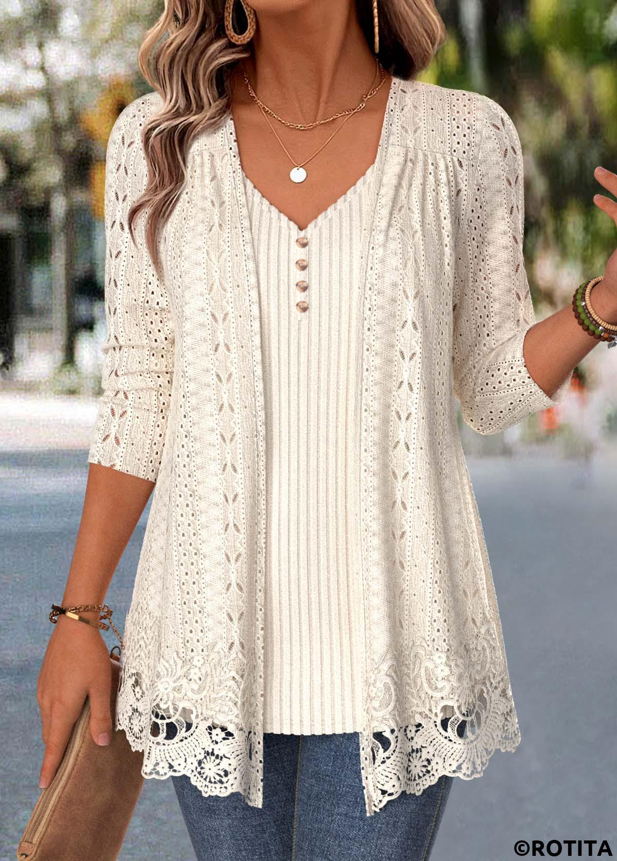 Beige tops,Plain Color tops,ROTITA Beige V Neck Long Sleeve Fake Two Piece Twinset