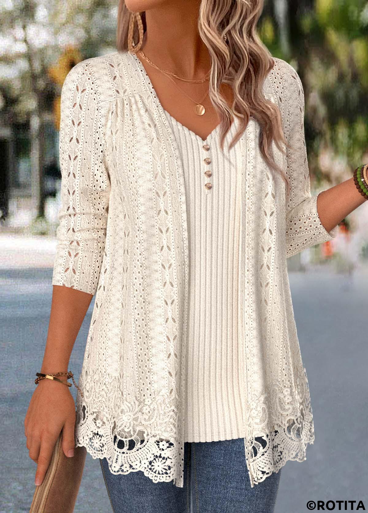 Beige tops,Plain Color tops,ROTITA Beige V Neck Long Sleeve Fake Two Piece Twinset