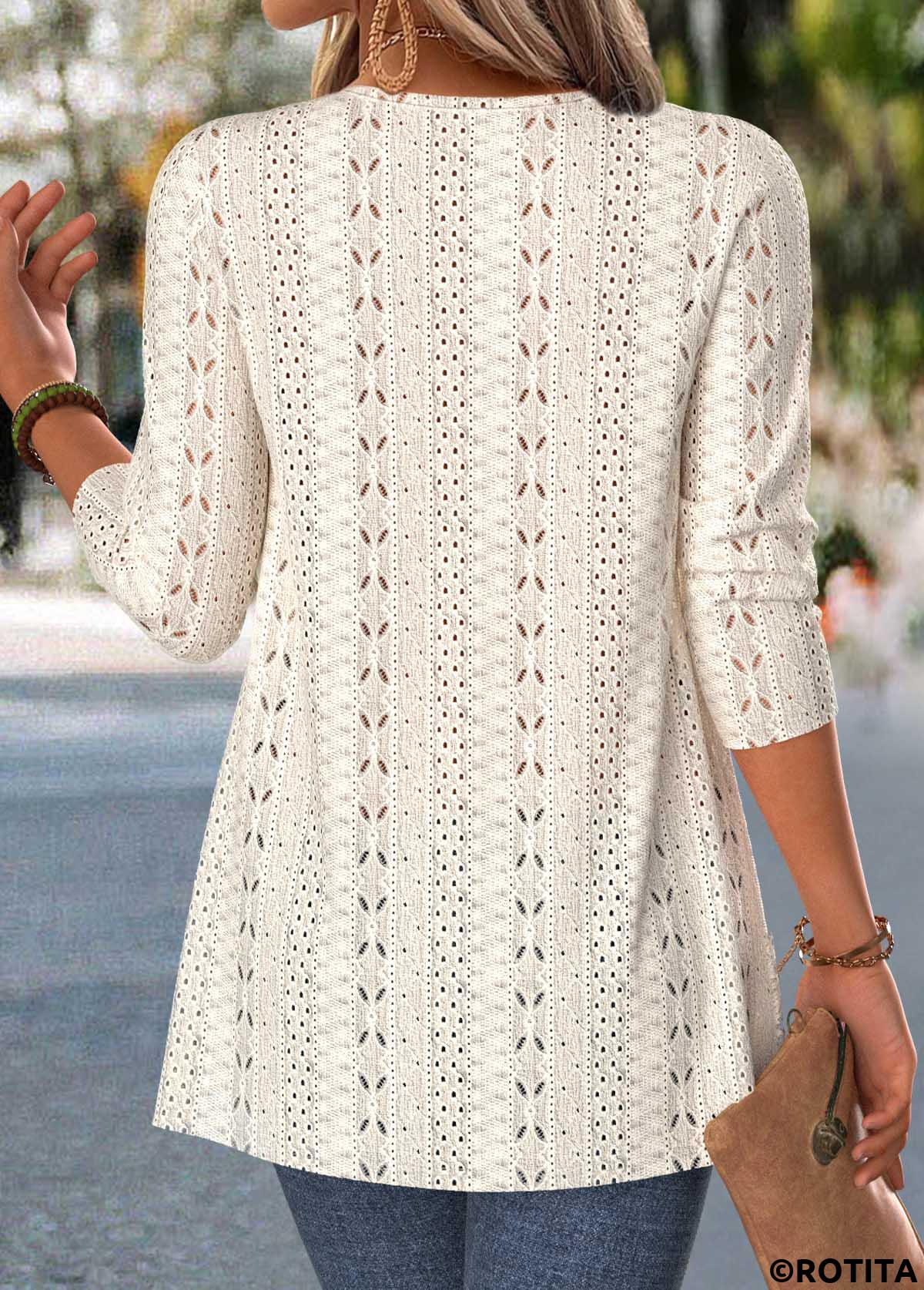 Beige tops,Plain Color tops,ROTITA Beige V Neck Long Sleeve Fake Two Piece Twinset