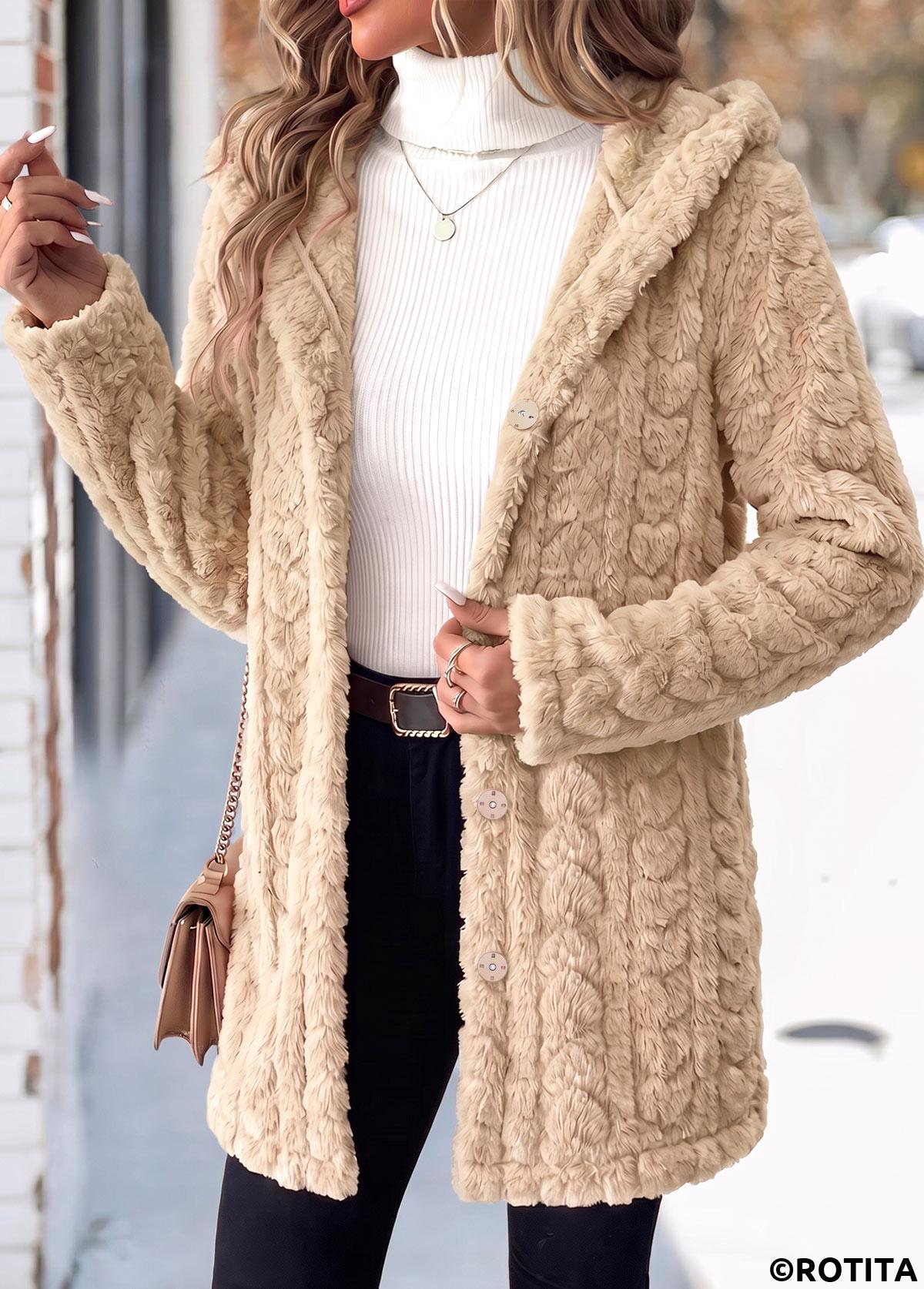 Light Camel tops,Plain Color tops,ROTITA Tummy Coverage Light Camel Hooded Long Sleeve Coat