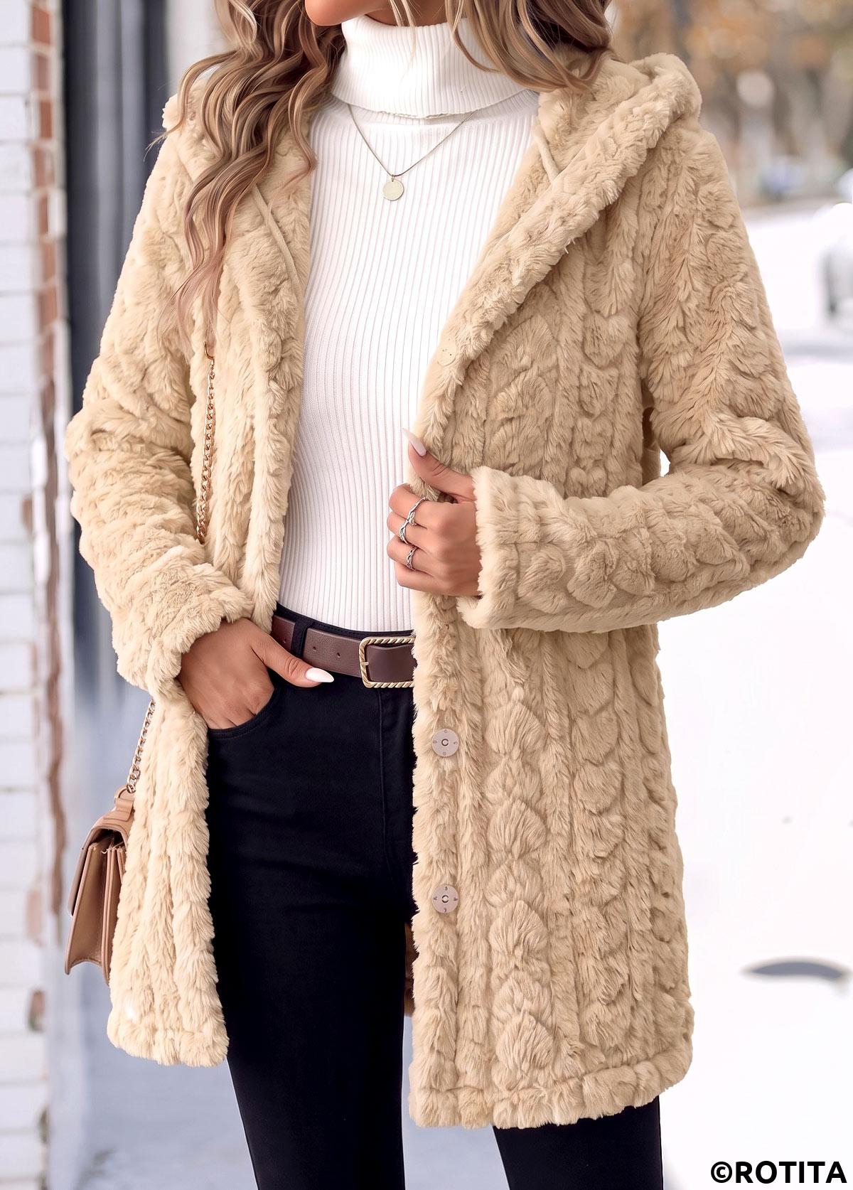 Light Camel tops,Plain Color tops,ROTITA Tummy Coverage Light Camel Hooded Long Sleeve Coat