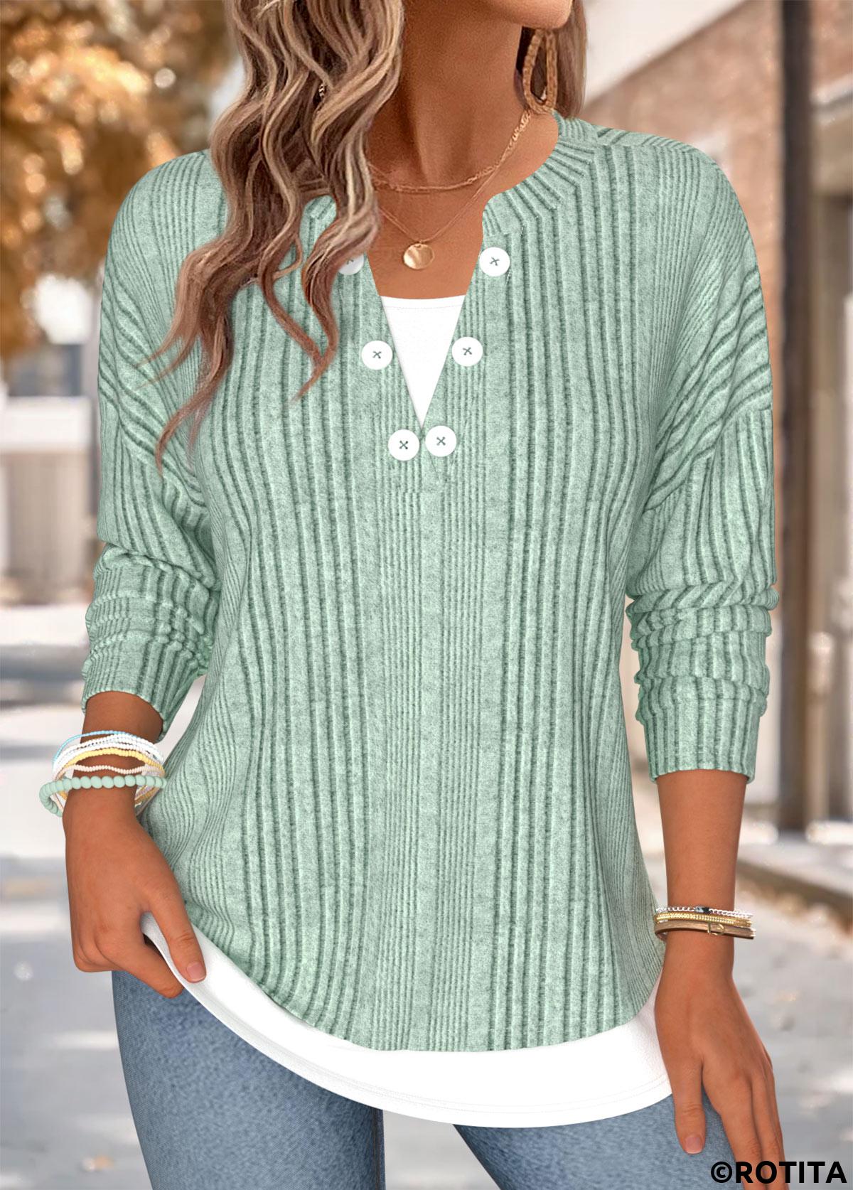 Sage Green tops,Contrast Color tops,ROTITA Fake 2in1 Sage Green Split Neck T Shirt