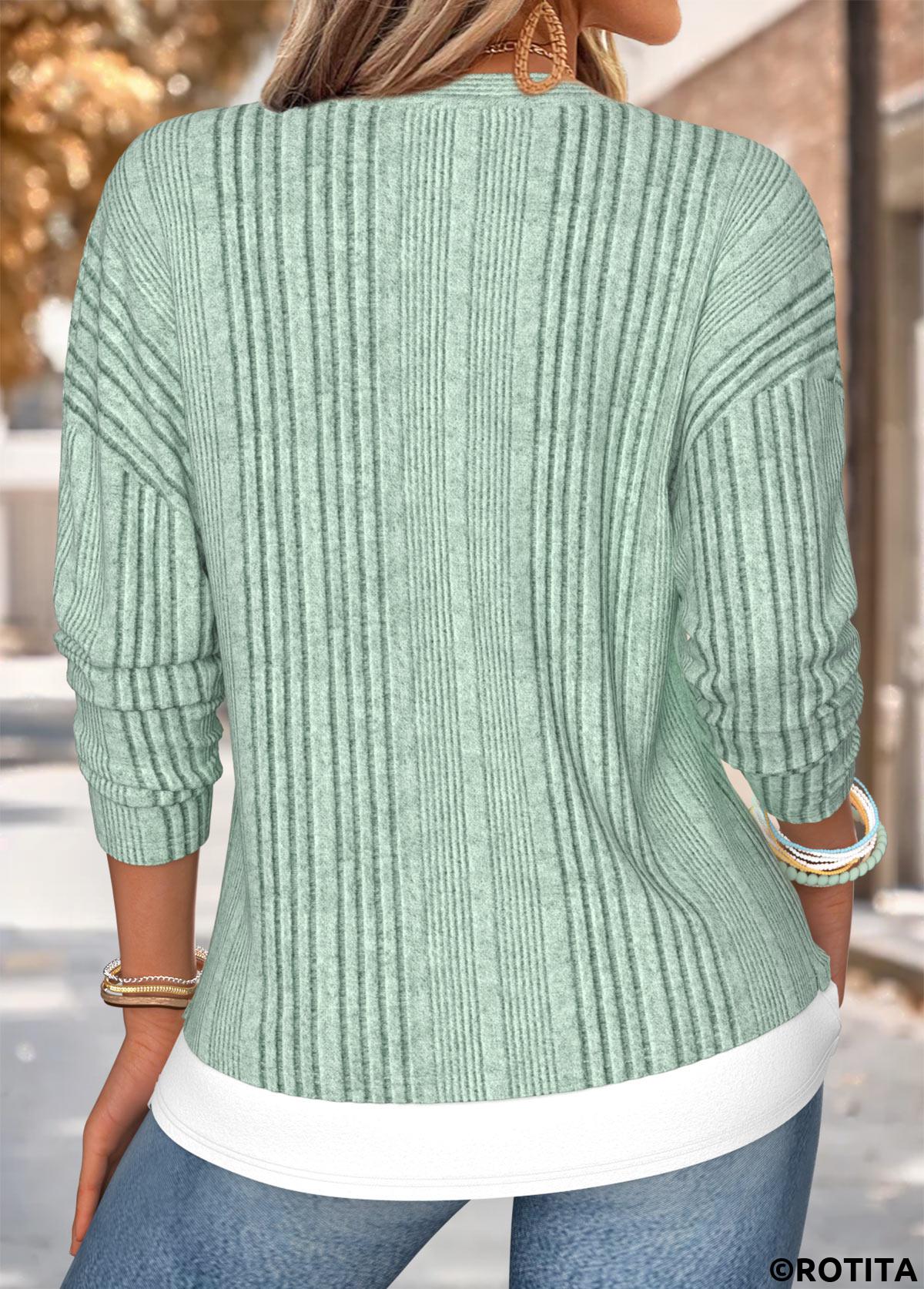 Sage Green tops,Contrast Color tops,ROTITA Fake 2in1 Sage Green Split Neck T Shirt