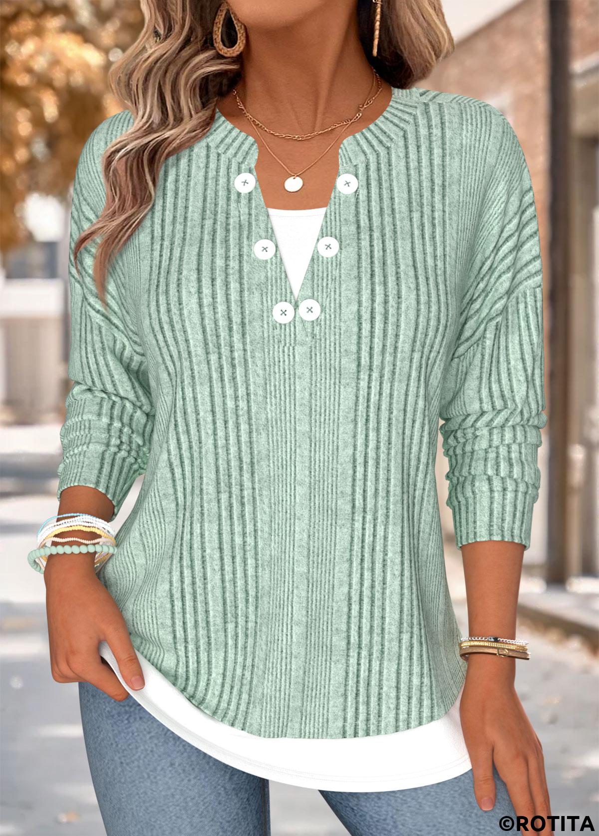 Sage Green tops,Contrast Color tops,ROTITA Fake 2in1 Sage Green Split Neck T Shirt
