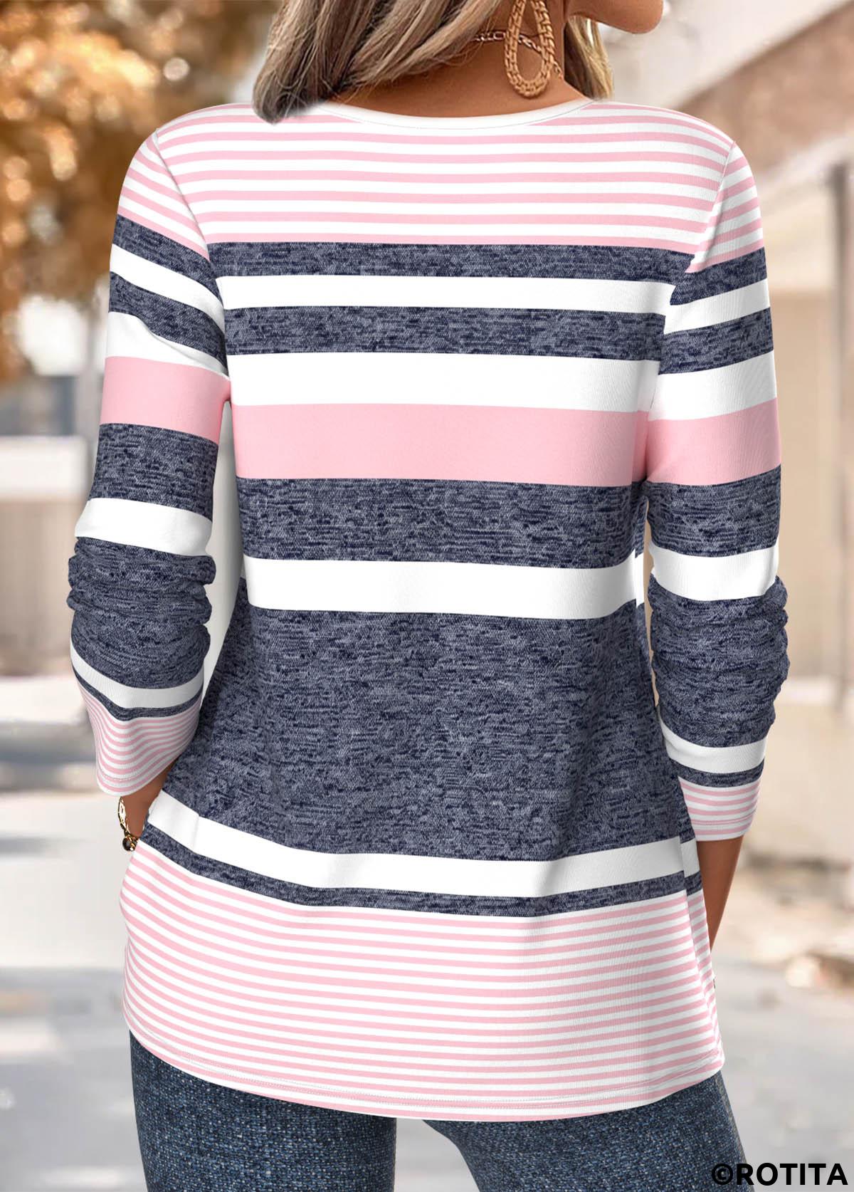 Multi Color tops,Striped tops,Geometric tops,ROTITA Tuck Stitch Striped Multi Color Split Neck T Shirt