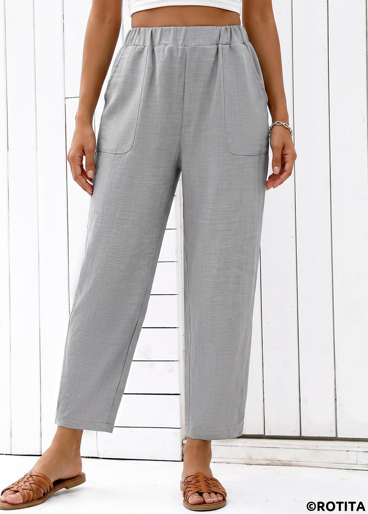 Grey bottoms,Plain Color bottoms,Grey Straight Leg Elastic Waist High Waisted Pants