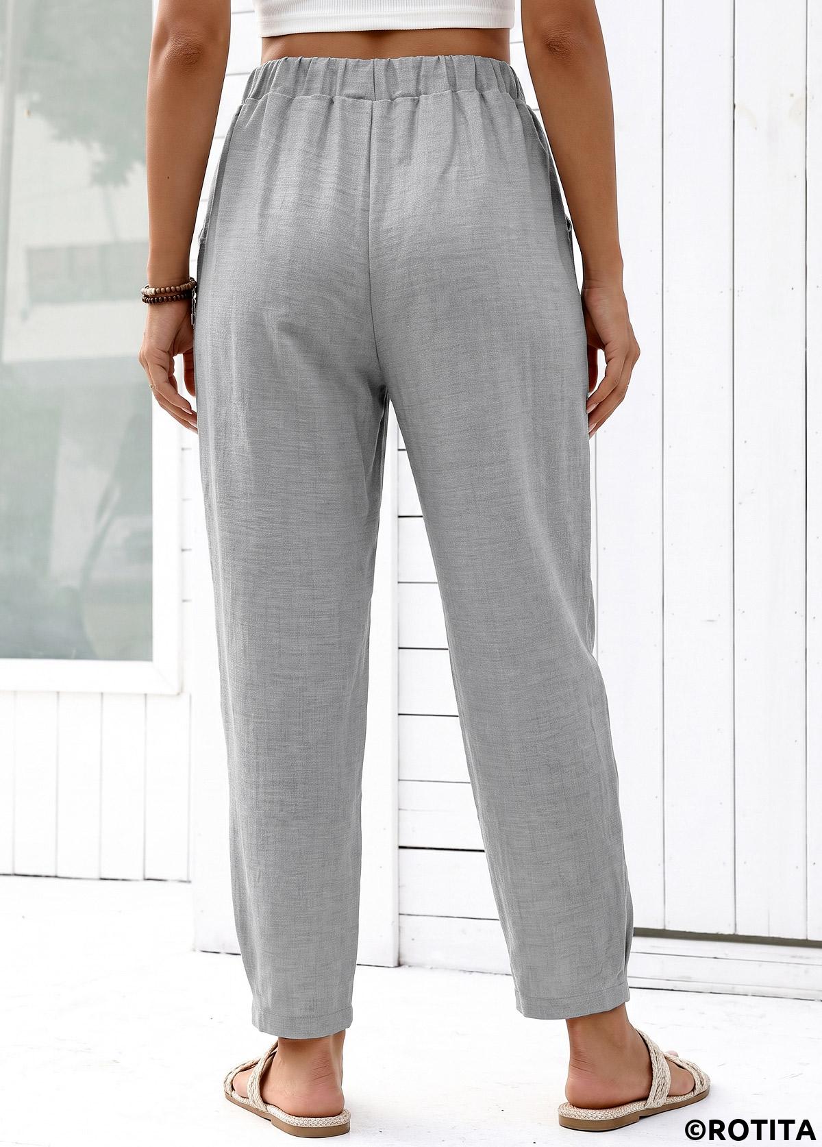 Grey bottoms,Plain Color bottoms,Grey Straight Leg Elastic Waist High Waisted Pants