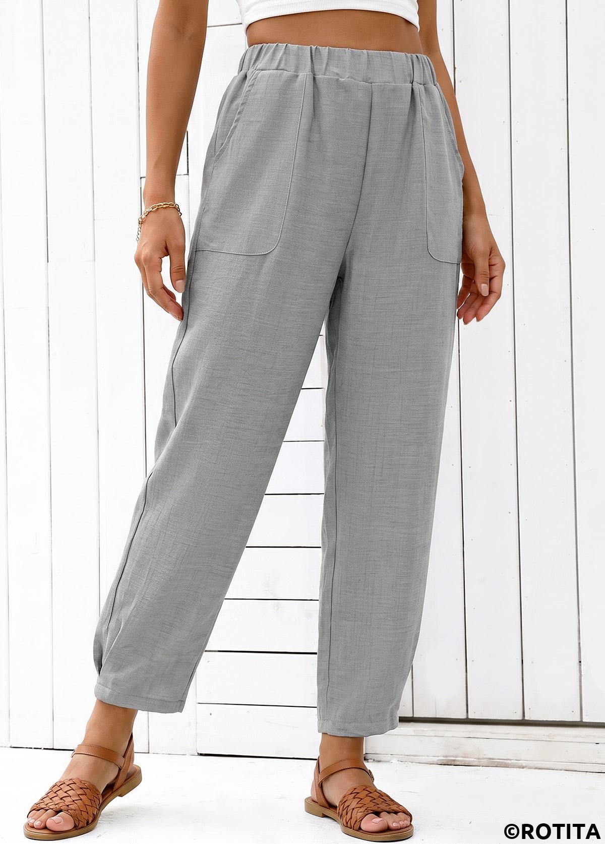 Grey bottoms,Plain Color bottoms,Grey Straight Leg Elastic Waist High Waisted Pants