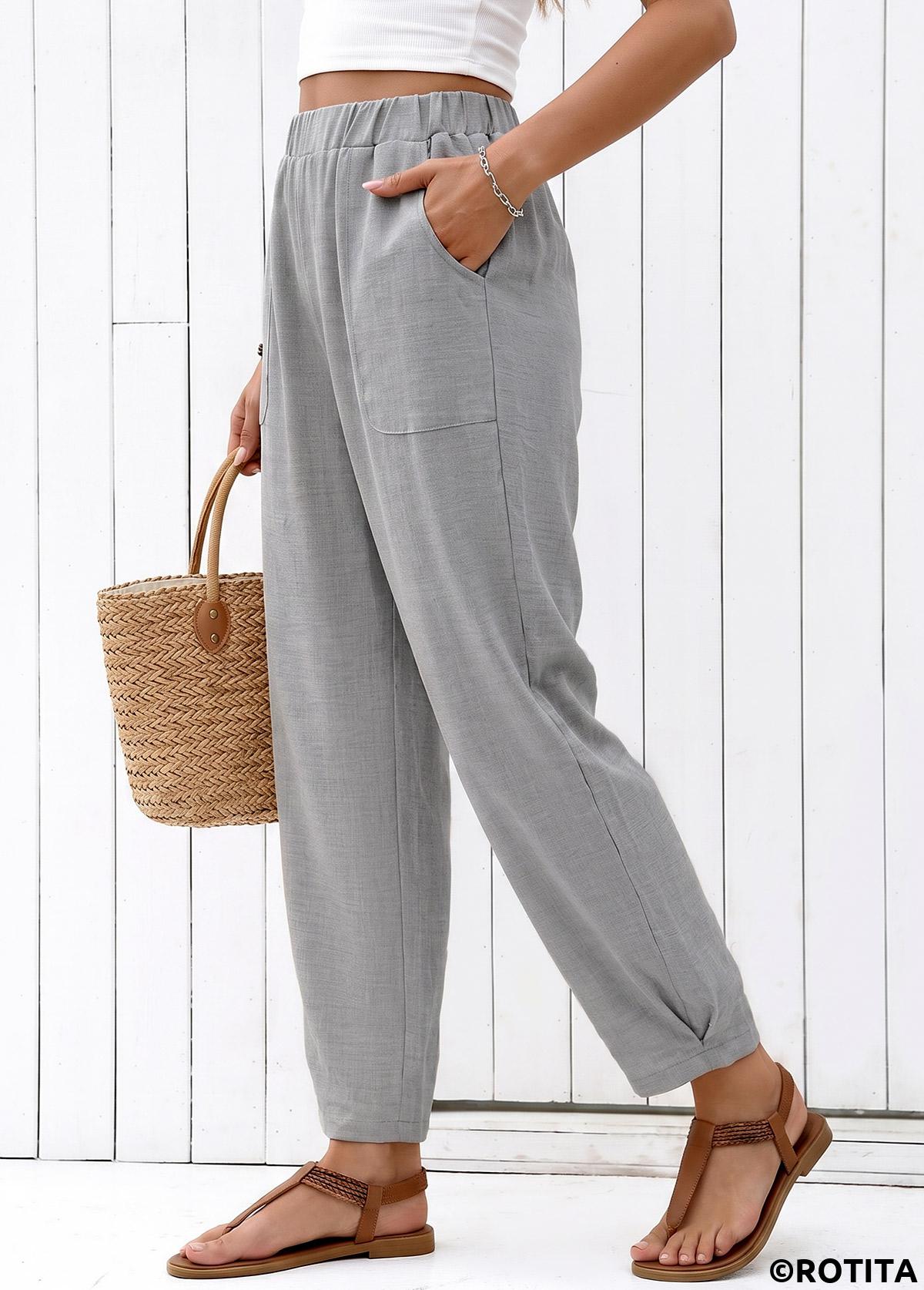 Grey bottoms,Plain Color bottoms,Grey Straight Leg Elastic Waist High Waisted Pants