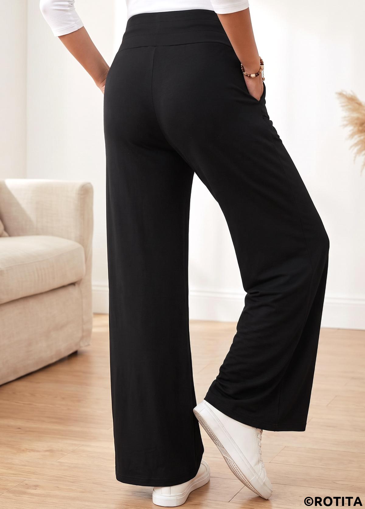 Black bottoms,Plain Color bottoms,Black Straight Leg Elastic Waist High Waisted Pants