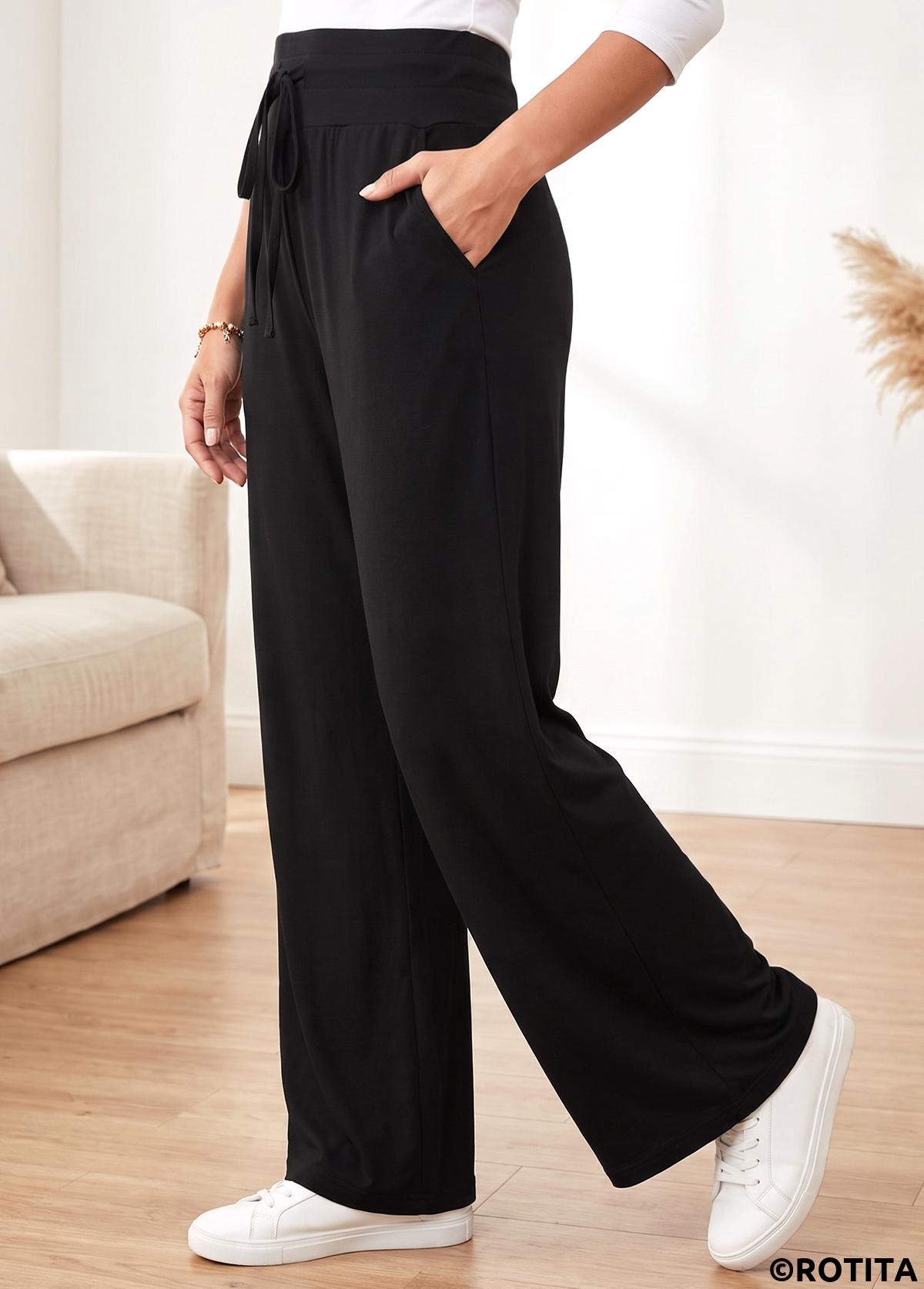 Black bottoms,Plain Color bottoms,Black Straight Leg Elastic Waist High Waisted Pants