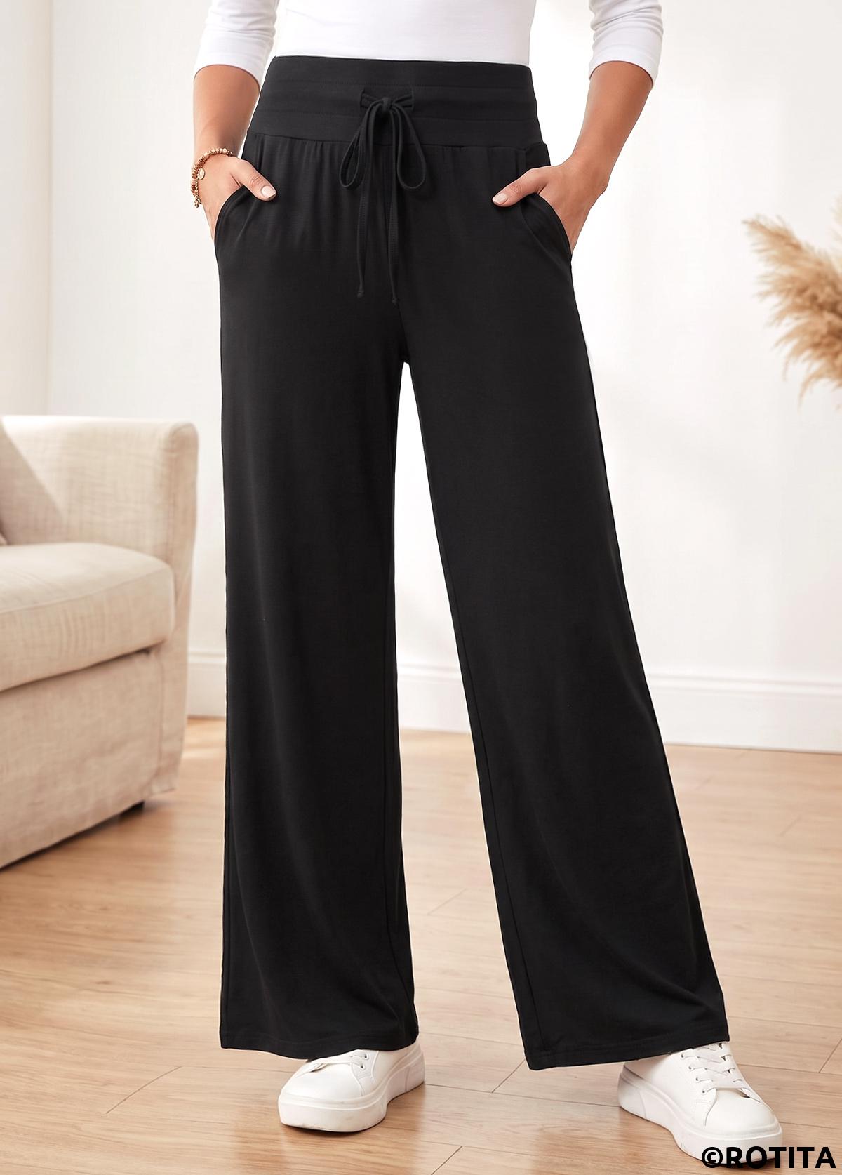 Black bottoms,Plain Color bottoms,Black Straight Leg Elastic Waist High Waisted Pants