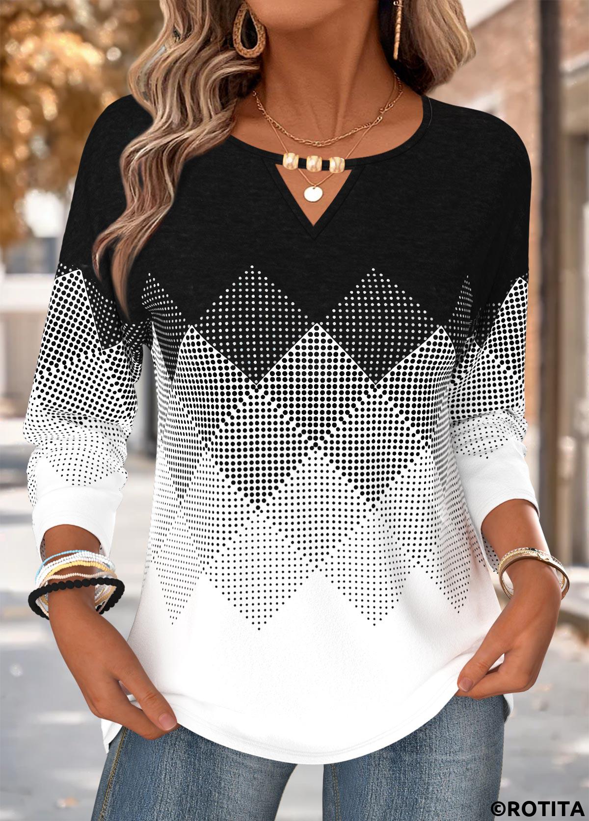 Black tops,Geometric tops,ROTITA Curved Hem Geometric Print Black Round Neck T Shirt